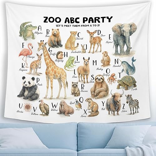 Miniatura 4 de MNASAIOO Tapiz de pared para colgar en la pared del alfabeto de animales del zoológico para el aula, para dormitorio, cuarto de bebé, tapices