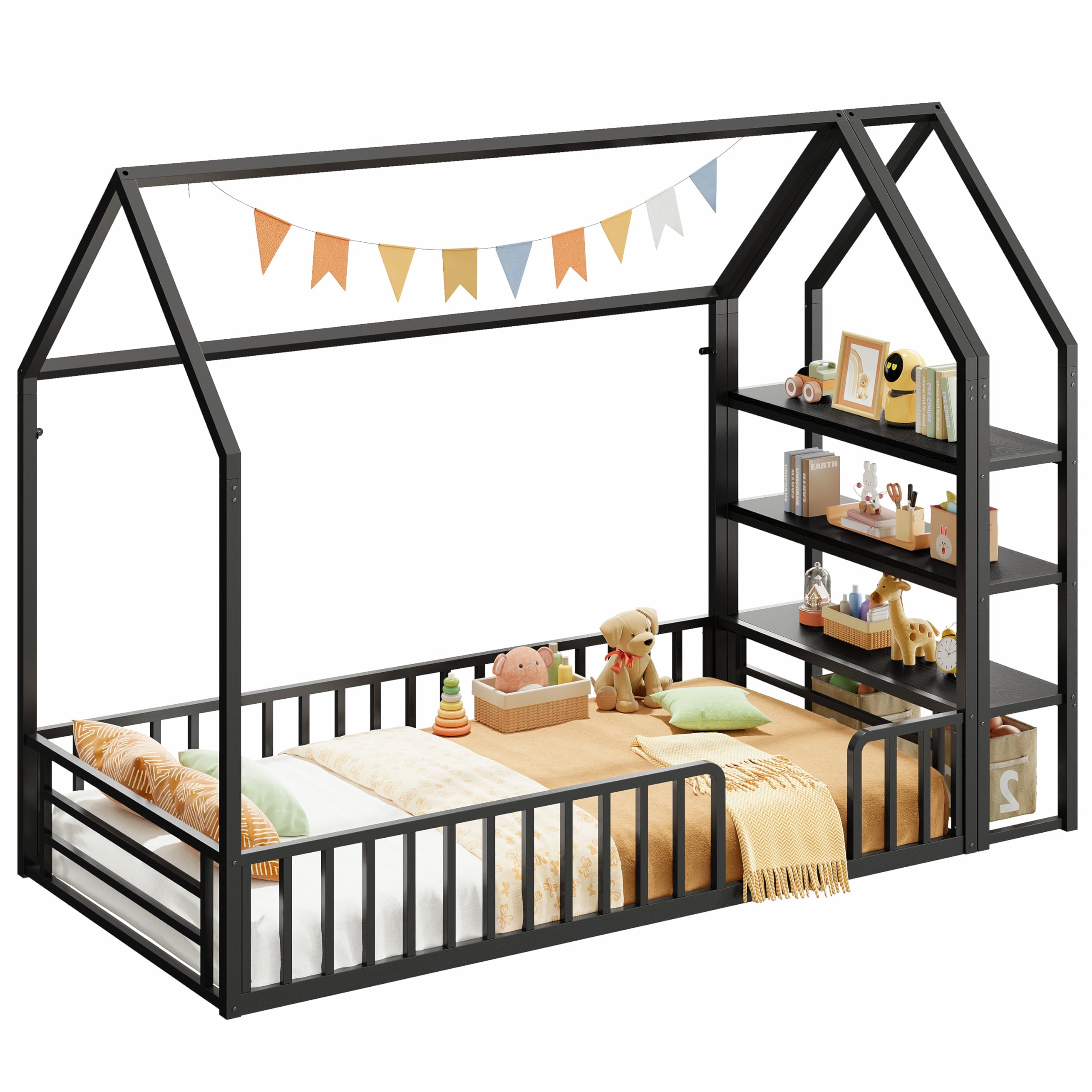 LIKIMIO Twin Bed Frame, Metal House Floor Bed Frame with Storage, Fence Guardrails, No Box Spring Needed, Space Saving for Bedroom and Dorm, Easy