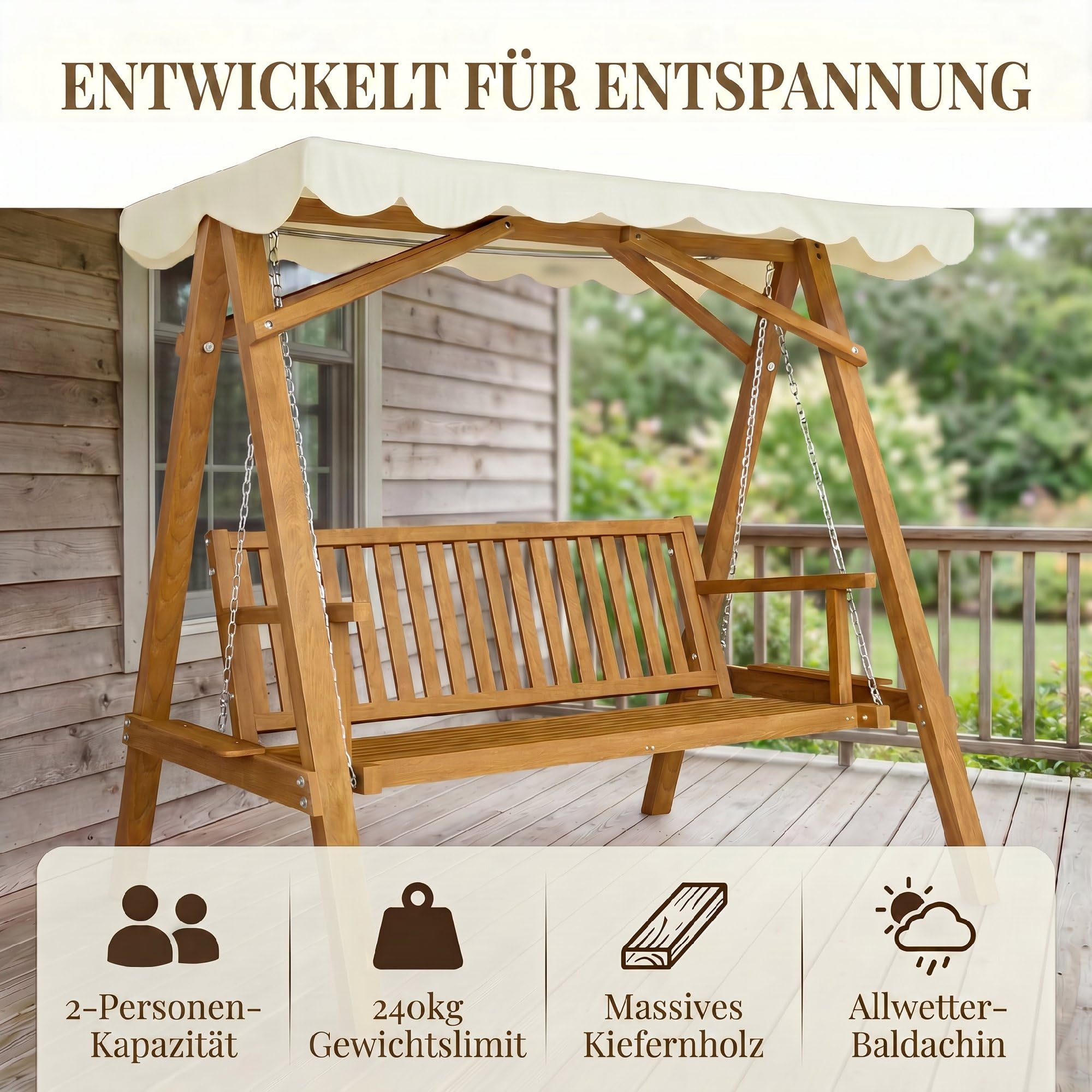Outsunny Hollywoodschaukel Gartenschaukel Schaukelbank Schaukel 2-Sitzer Lärche Natur+Creme