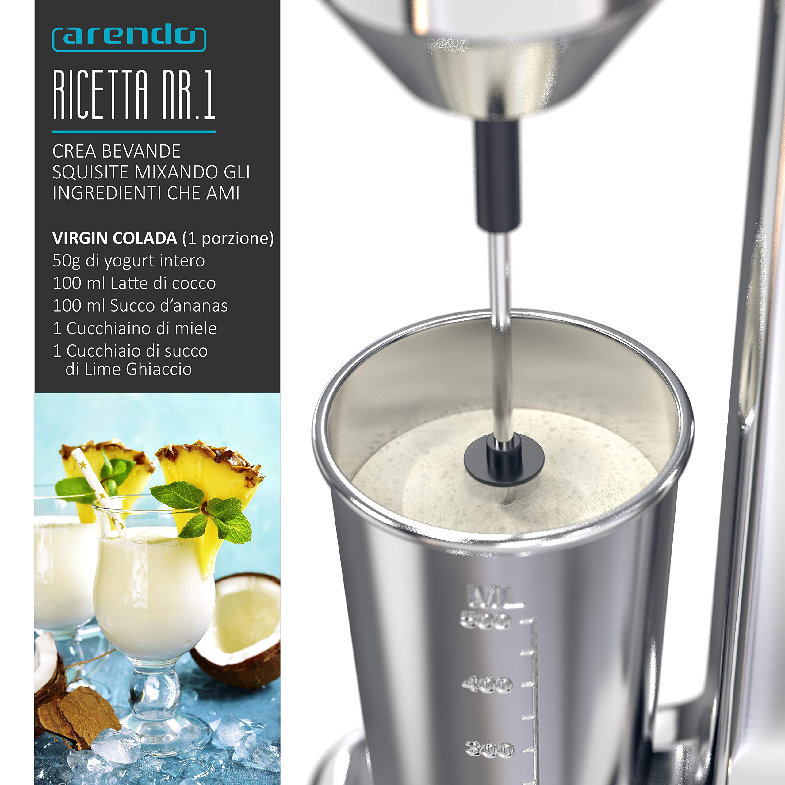 arendo - Frullatore per Bevande - Drink Mixer - Brocca da 500 ml - 100 W - 22.000 Giri min - 2 regolazioni di velocità - Smoothies Milkshake Cocktail