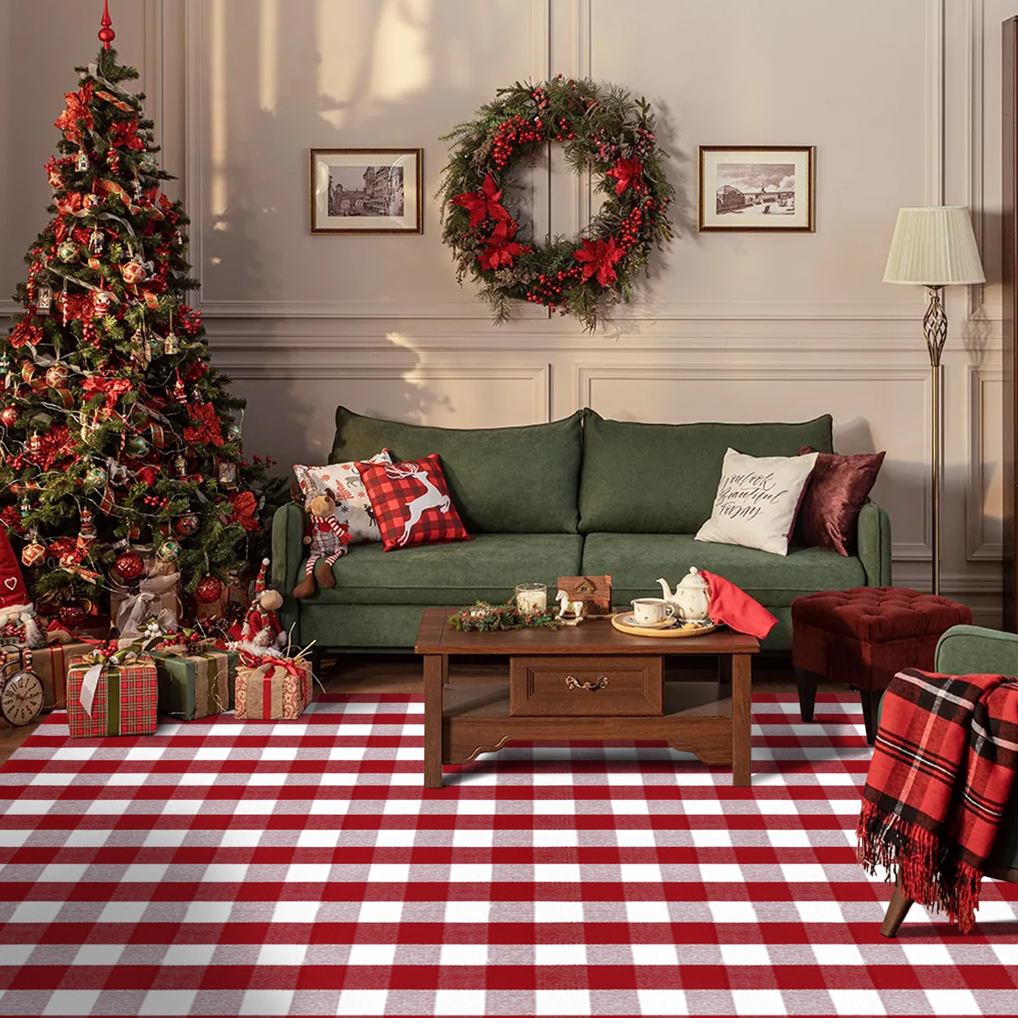 Alfombra de Navidad a cuadros rojos y blancos, 8 x 10 pies, de algodón, tejida a mano, lavable, retro, para interiores y exteriores, alfombra de Navidad para cocina, comedor, dormitorio, sala de estar