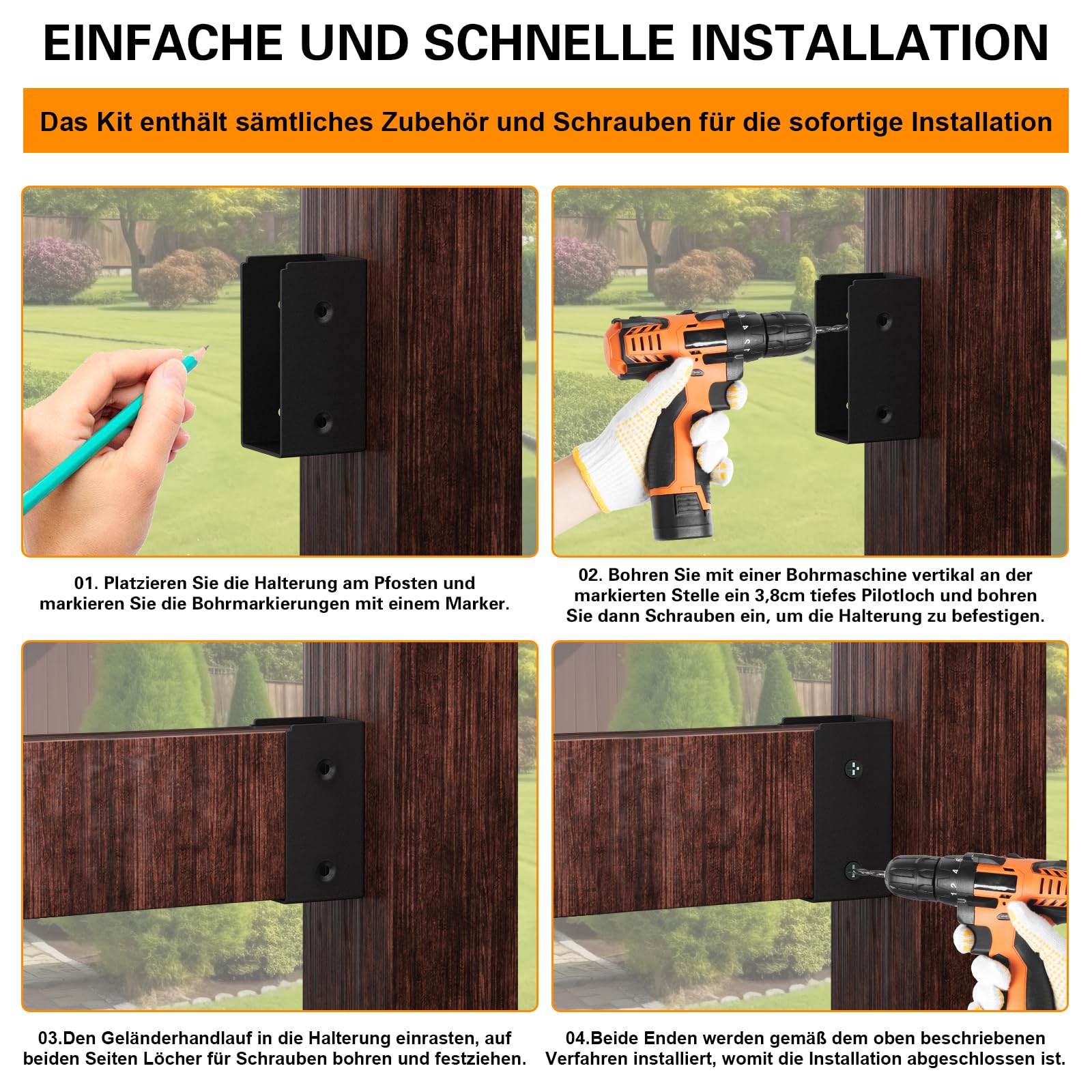 Confezione da 8 staffe per recinzione,Connettori per ringhiera del ponte, Staffa per recinzione per collegare legno da 4 x 9cm a pali in legno per ringhiera, Nero