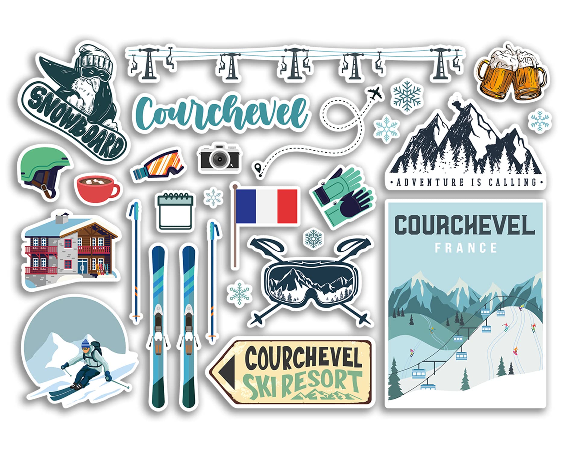 Dv Design Multi A5 Sticker Sheet Courchevel Vinyl Stickers - France French Ski Resort Mountains Snowboard Holiday Flag Travel Snow Sports Luggage Scrapbooking #79043