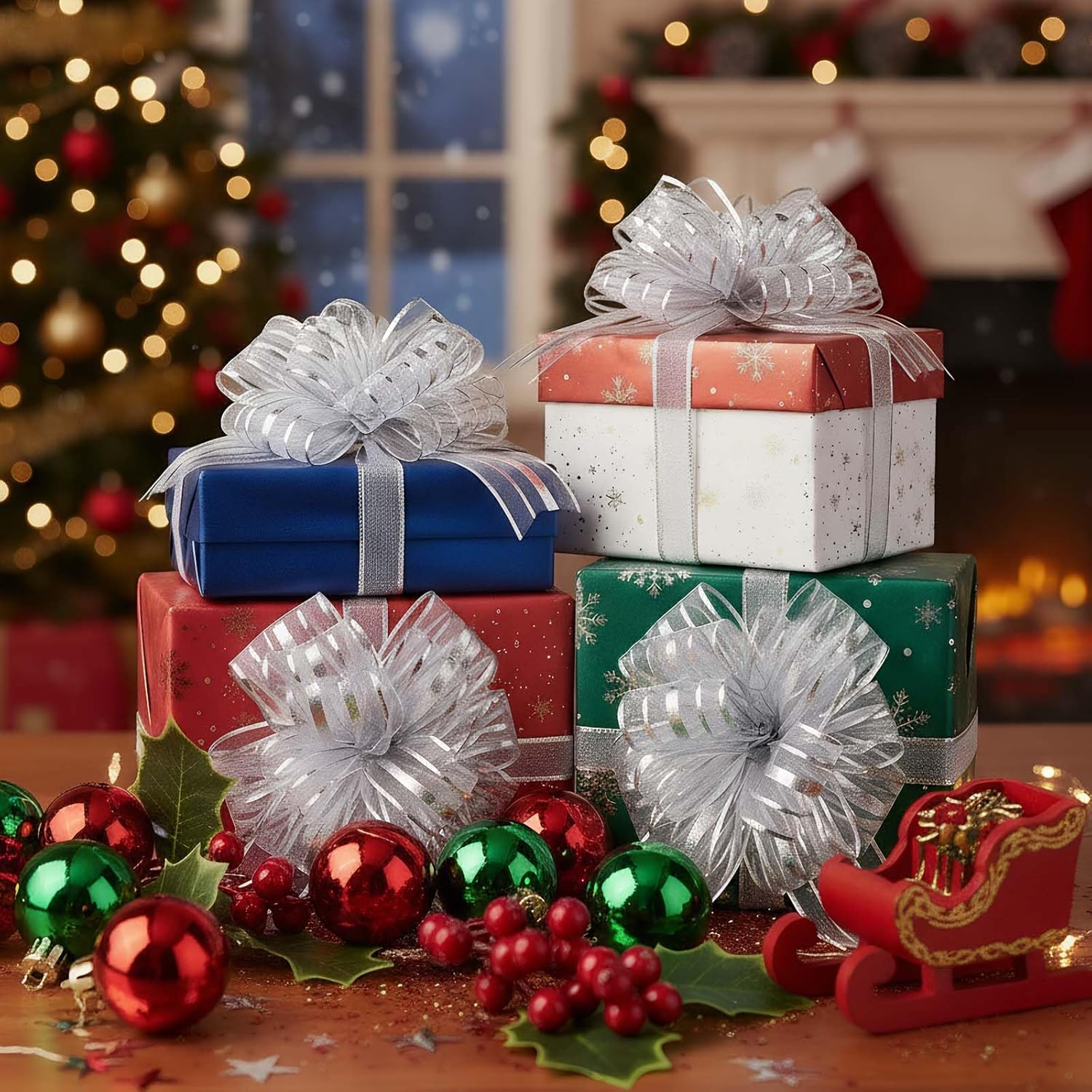 20 Pcs Christmas Pull Bows – 6 Inch Large Organza Gift Bows with Ribbon for Gift Wrapping, Baskets, Weddings & Valentine’s Day Decorations(Silver) - Image 4