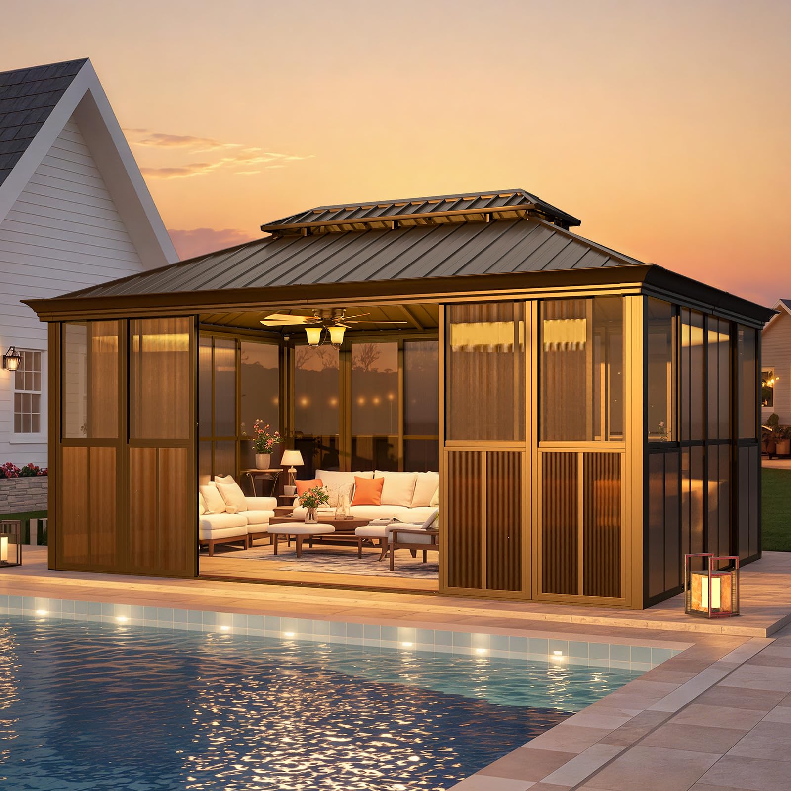 EROMMY 12' X 16' Sunroom, with Detachable Windows & Lockable Sliding Door, Light Galvanized Steel Double Roof Gazebo Solarium, All-Weather Sun Room