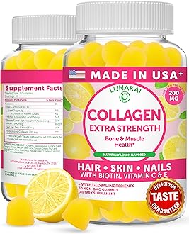 Lunakai USA Made Collagen Peptides Gummies - 200mg Non-GMO Anti-Aging Formula with Biotin, Zinc, Vitamins C & E for Hair, Skin and Nails, 60ct