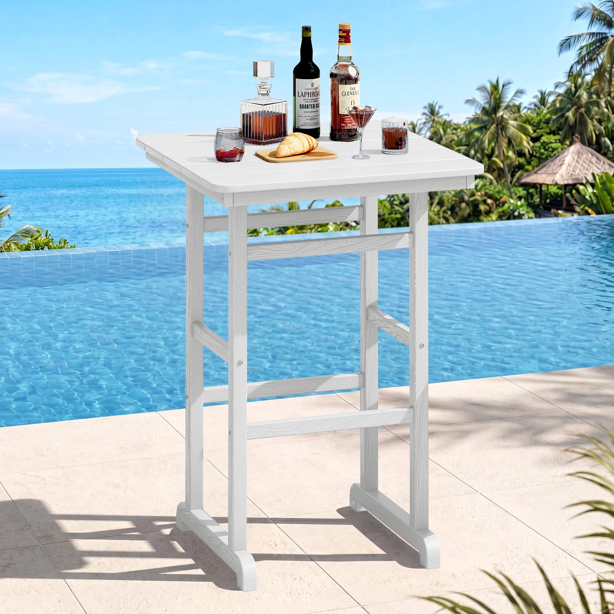SERWALL HDPE 41.7" Bar Height Table with Umbrella Hole, White