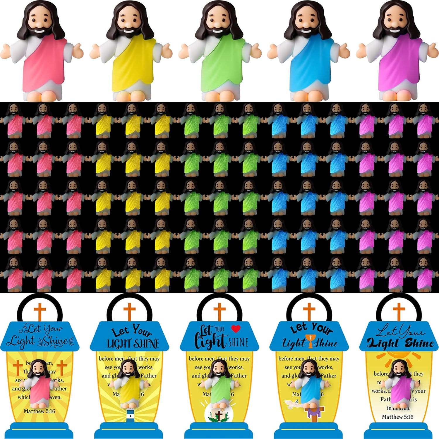 CroBlissful 100 Sets Mini Jesus Figurines Glow in the Dark with Cards Little Jesus Figures Bulk for Christian Gifts Religious Party Favors Church VBS Sunday School Prizes (Open Arms;Lantern Card)