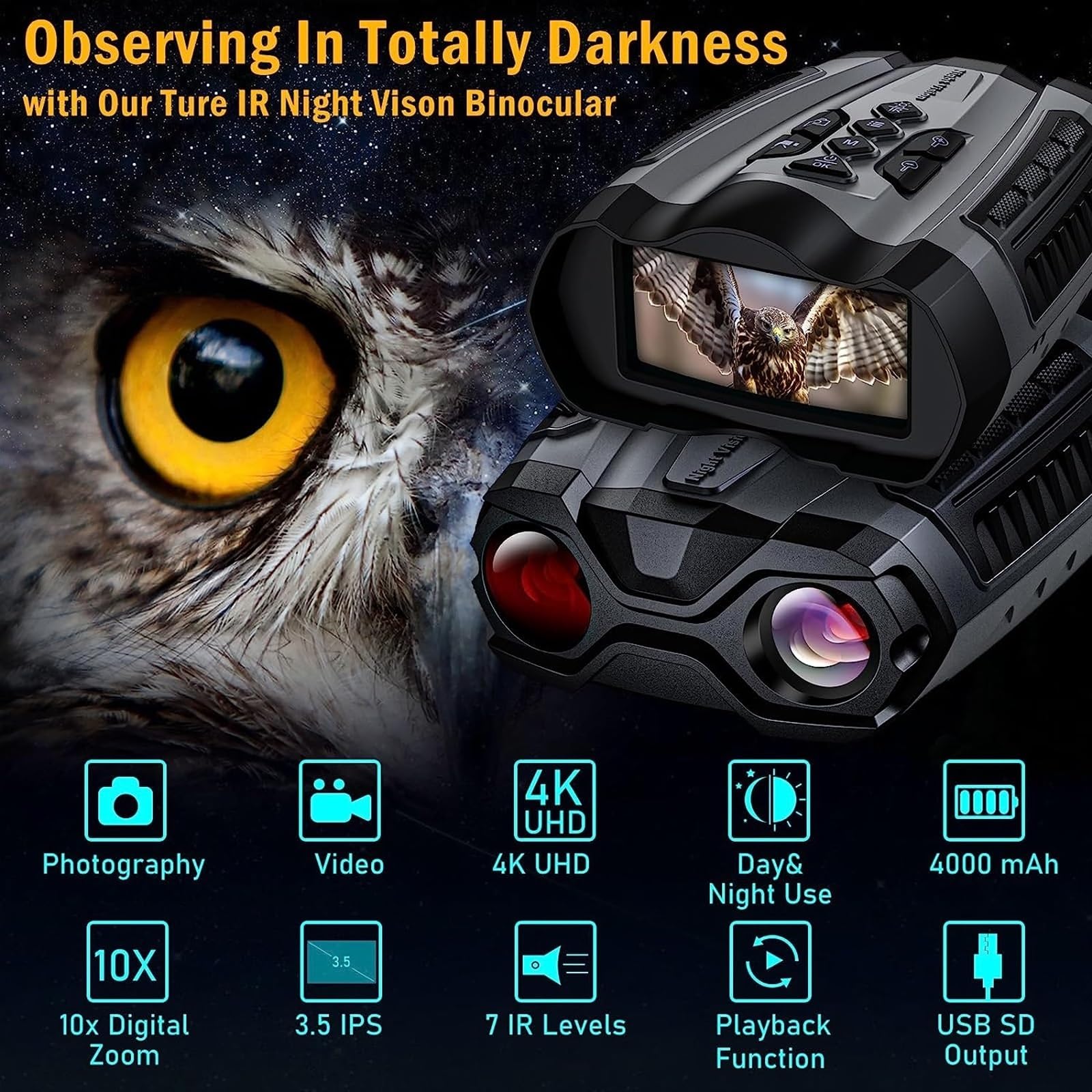 Noktowizor, Nowa lornetka noktowizyjna 10X z zoomem cyfrowym 7 klasy kamera wideo na podczerwień 4K FHD duży ekran do obserwacji myśliwskiej JG-20 Obserwacja HD na zewnątrz