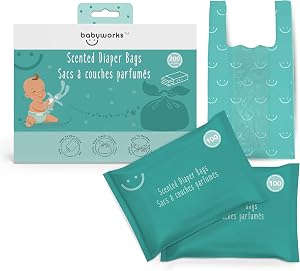 Baby Works - Disposable Diaper Bags with Baby Powder Scent, Odor Neutralizing, Easy Tie Handles, for Diaper Disposal, Pet Waste, Travel, Nursery and On-the-Go, 200 Count