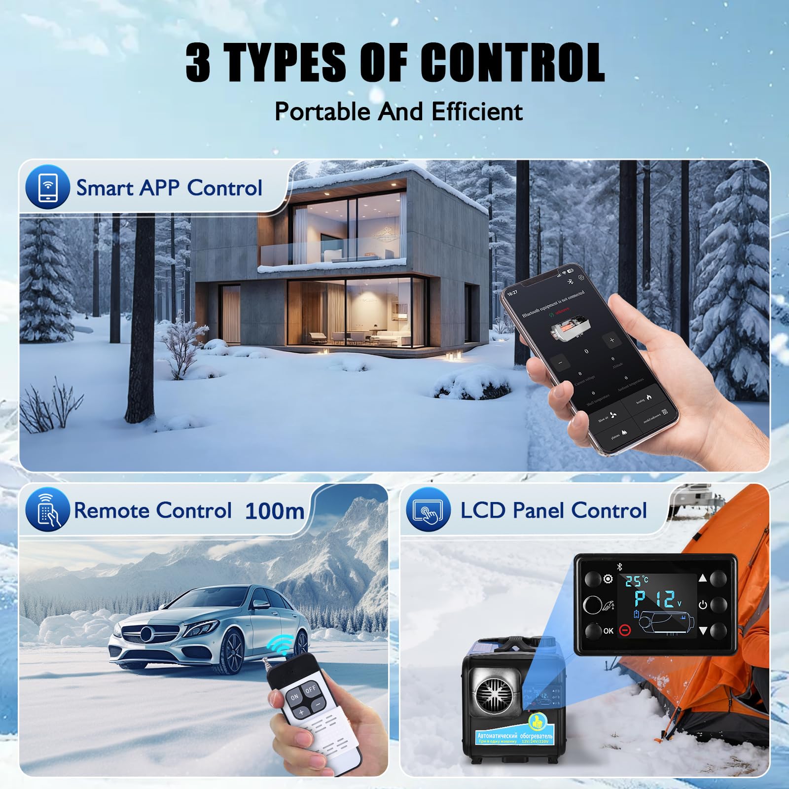 Nexalite Riscaldatore a Gasolio 8 kW con Bluetooth,Telecomando, 12/24V DC & Adattatore AC, Funzione Alta Quota, Serbatoio da 5 L – Riscaldatore Diesel per Auto, Camper e Camion