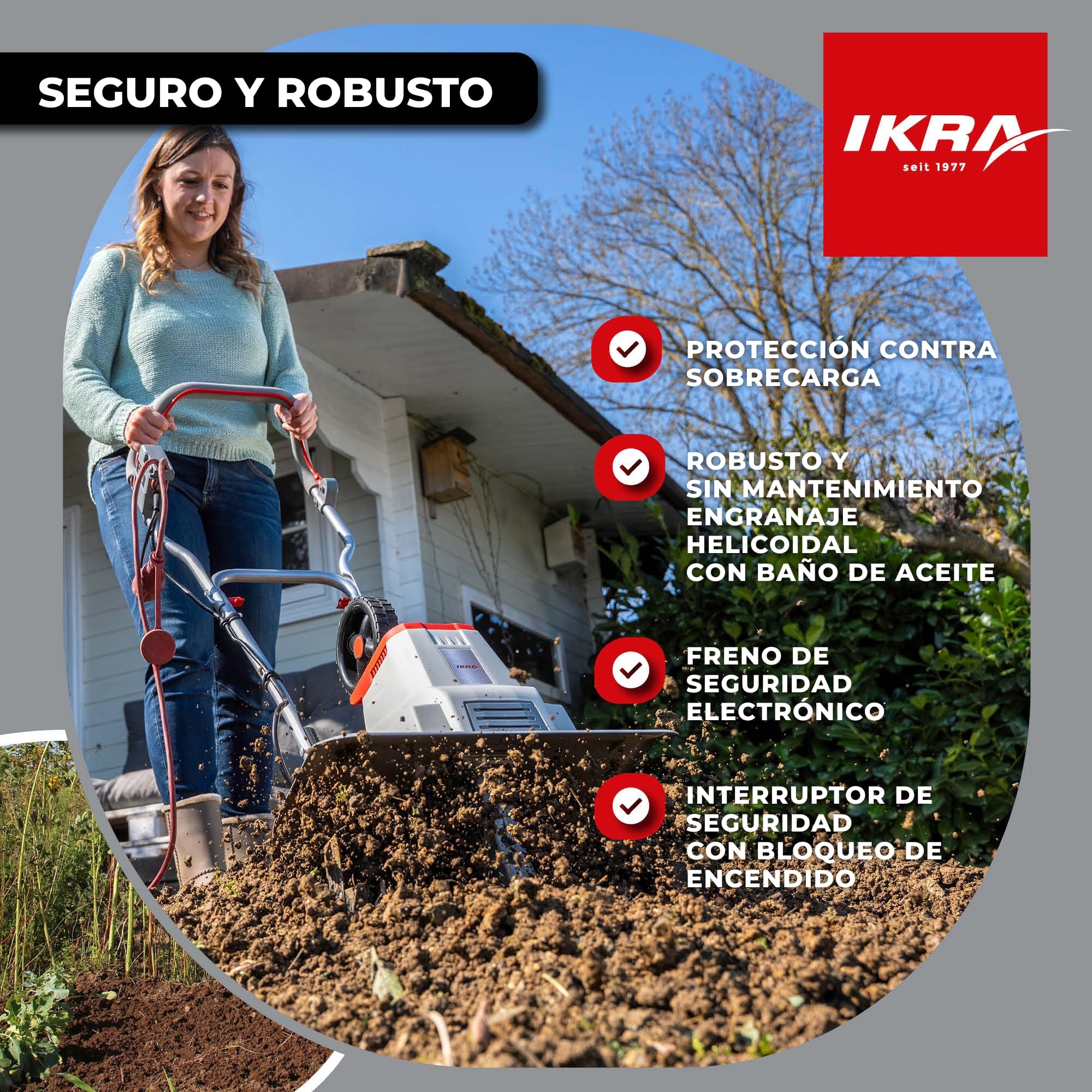 IKRA motozada eléctrica IEM 1500, Anchura de Trabajo Flexible de 32 y 45 cm | 1500 W, profundidad de trabajo de 20 cm, espolón de profundidad, rueda de transporte, plegable, protección contra sobrecargas