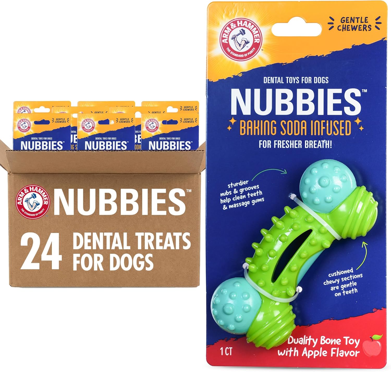 ARM & HAMMER for Pets Nubbies Duality Bone Dental Dog Toy- Best Dog Chew Toy for Moderate Chewers- Dog Dental Toy Helps Reduce Plaque & Tartar- Green Apple Flavor Baking Soda (Pack of 8)