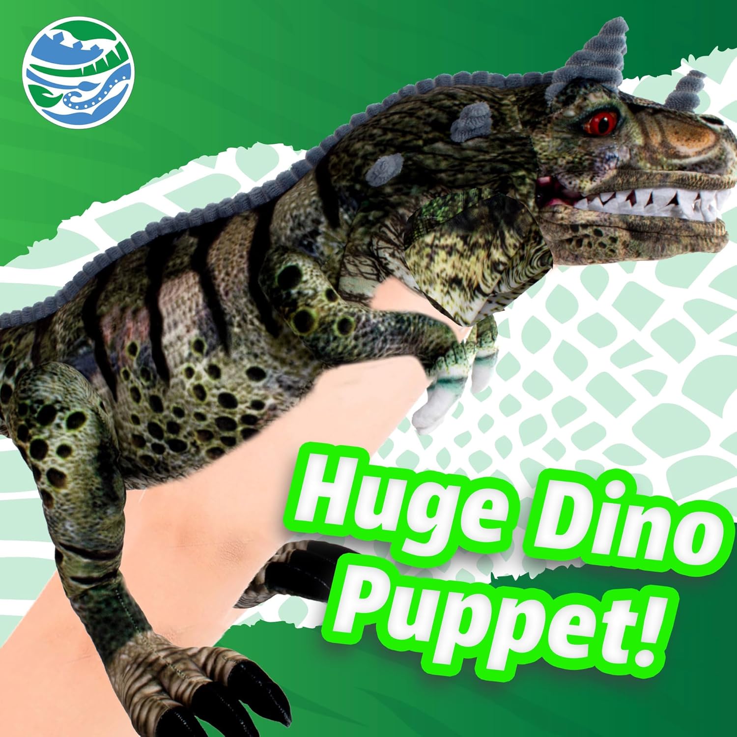 Real Planet 28" Certosaurus Puppet - Dinosaur Stuffed Animal Puppets for Kids, Over 2 Feet Giant Ceratosaurus Plush Hand Puppet Toy Dino (Olive/Black, 28")