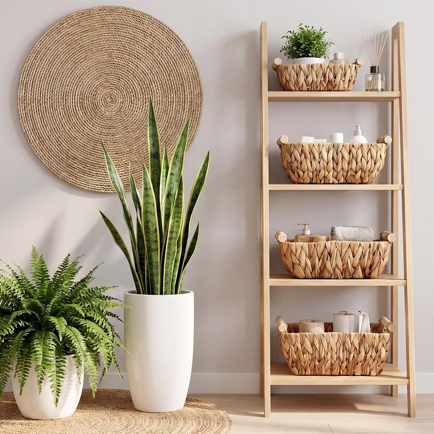Newtay 4 Pack Wicker Storage Baskets, Hand Woven Basket for Organizing, Water Hyacinth Nesting Shelf Bins with Wooden Handles for Nursery Shelves, Bedroom Decor, Pantry School Office Desk, 4 Size