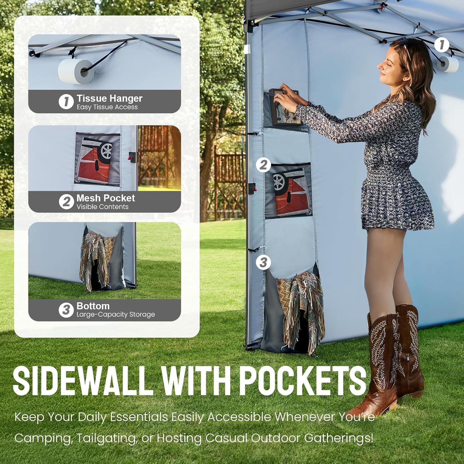 CROWN SHADES Canopy Tent 10x10 Pop Up Canopy Outdoor Shade with Pockets Sidewall, Easy Up Sun Shelter with One Person Set Up Center Lock, Portable Instant Camping Beach Canopies Tents, Grid Grey