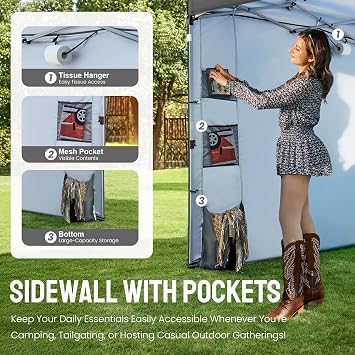 CROWN SHADES Canopy Tent 10x10 Pop Up Canopy Outdoor Shade with Pockets Sidewall, Easy Up Sun Shelter with One Person Set Up Center Lock, Portable Instant Camping Beach Canopies Tents, Grid Grey