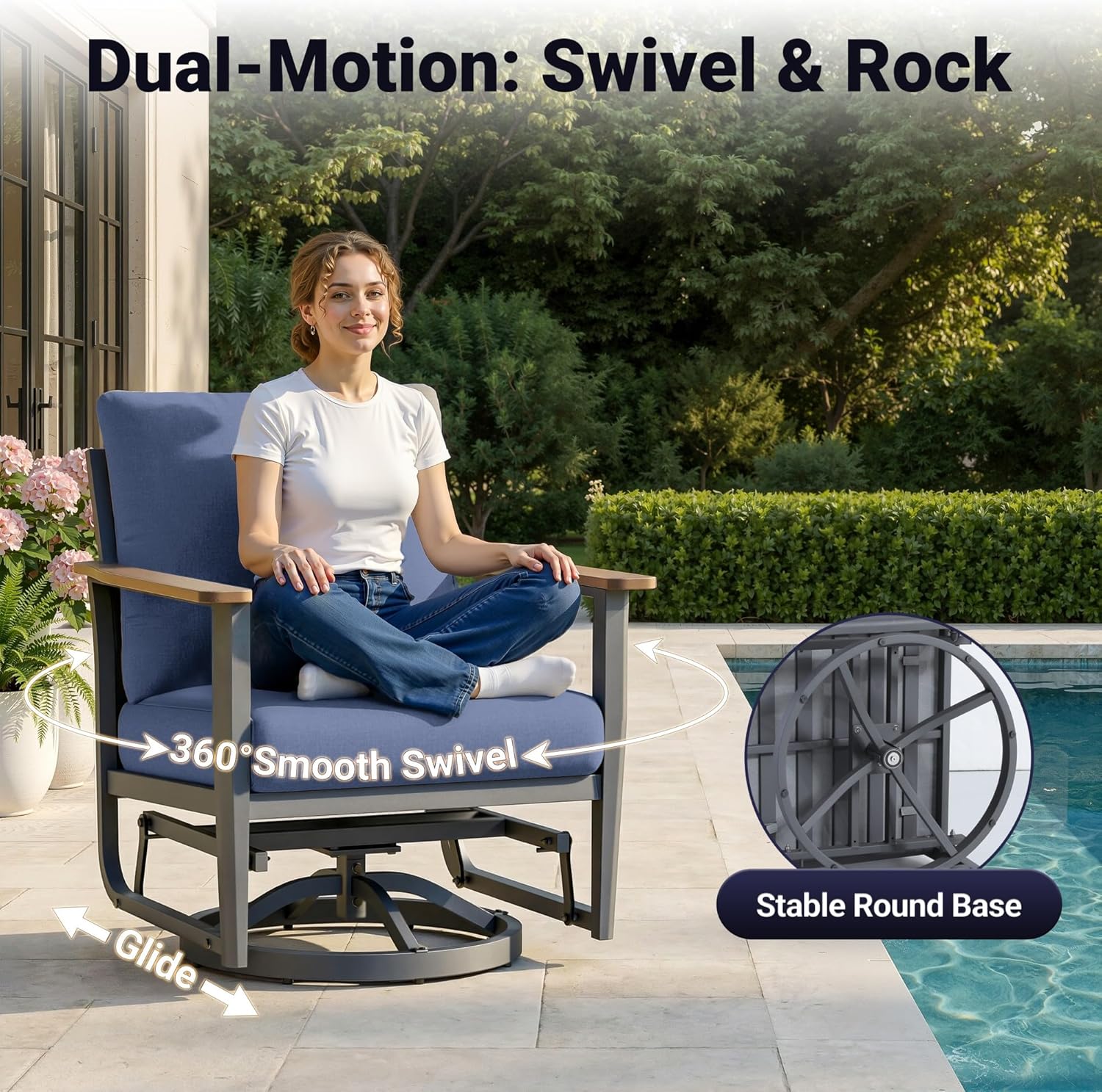 Aluminum Swivel Rocking Chairs, 3-Piece Outdoor Patio Furniture Set with Side Table, Rust-Proof Metal Gliders with Wood-Like Armrests & 5.1" Thick Cushions for Backyard, Porch, Navy Blue