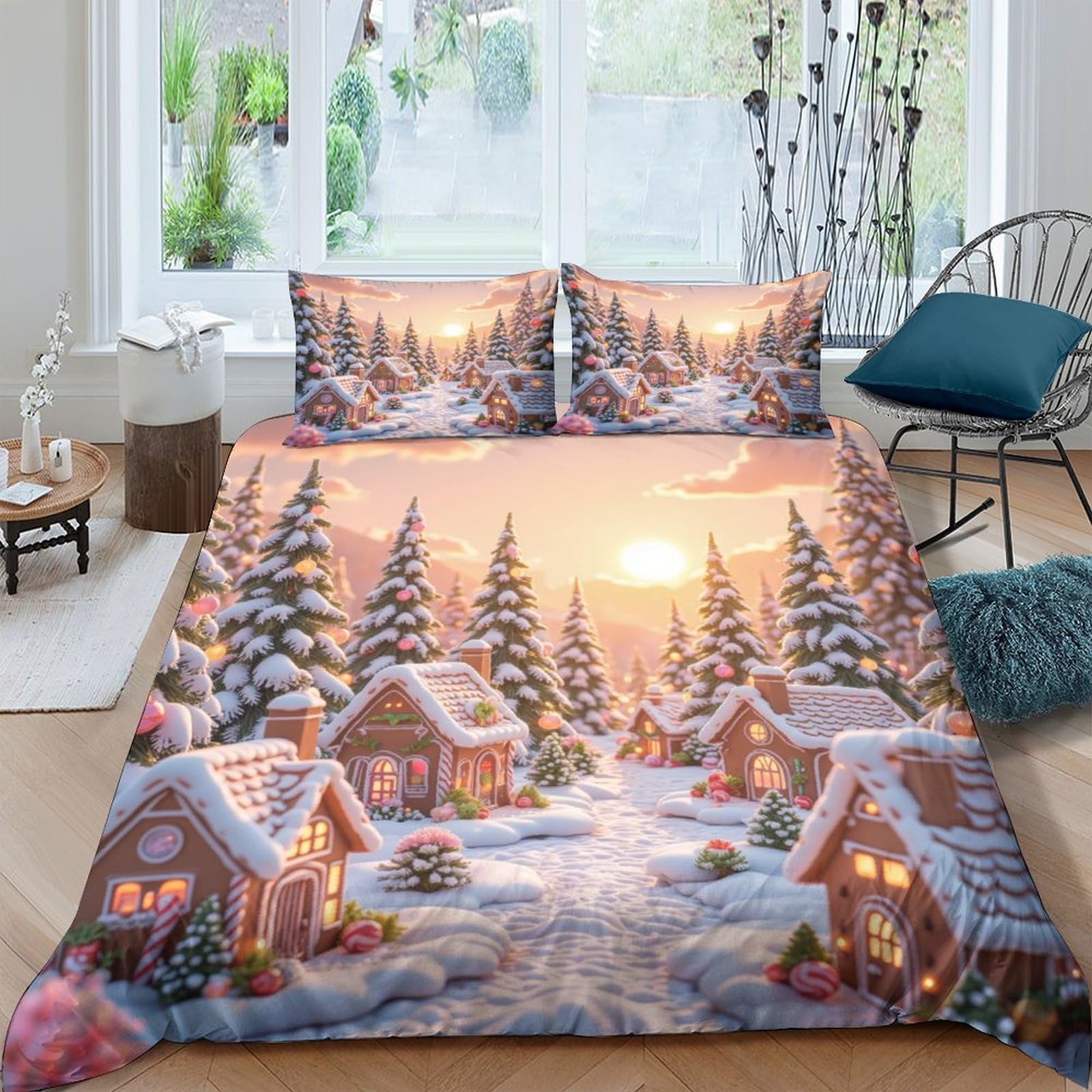 Ctjqhvkz Style-2 3D Printed Winter Snow Village Fitted Sheet Microfiber Soft Non-Slip Christmas Cottage Bed Cover For Bedroom Decor Single（135X200cm）