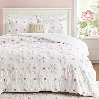 Twin Comforter Set for Girls 2 Pieces Tufted Daisies Flowers Twin Size Pink Floral Bedding Set Cute Comforter Set for Kids, Lightweight Bed Set for Kids Teen Girls Women