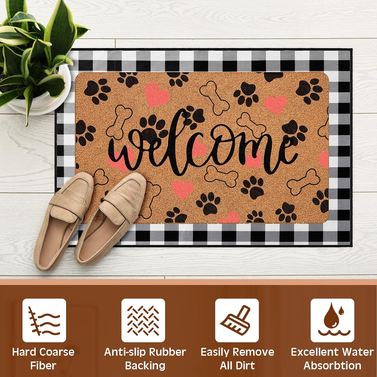 Tinideya 2 Pcs Cute Paw Welcome Doormat 23x35 in Layered Buffalo Plaid Carpet Dog Bone Non Slip Pink Heart Bathroom Coir Mats for Entrance Porch Indoor Outside Home Gift Supplies Decor