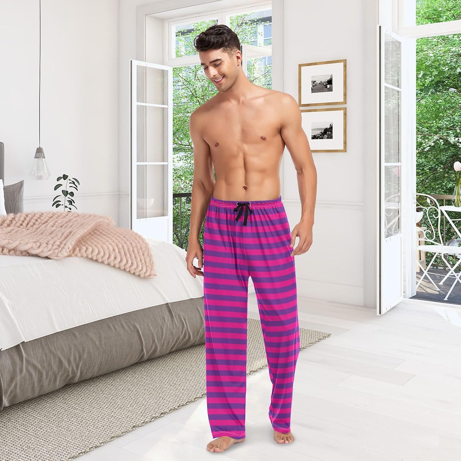 Men's Pajama Bottoms with Pockets Colored White and Black Lines Striped Comfy Pj Soft Sleep Lounge Pants S-2XL