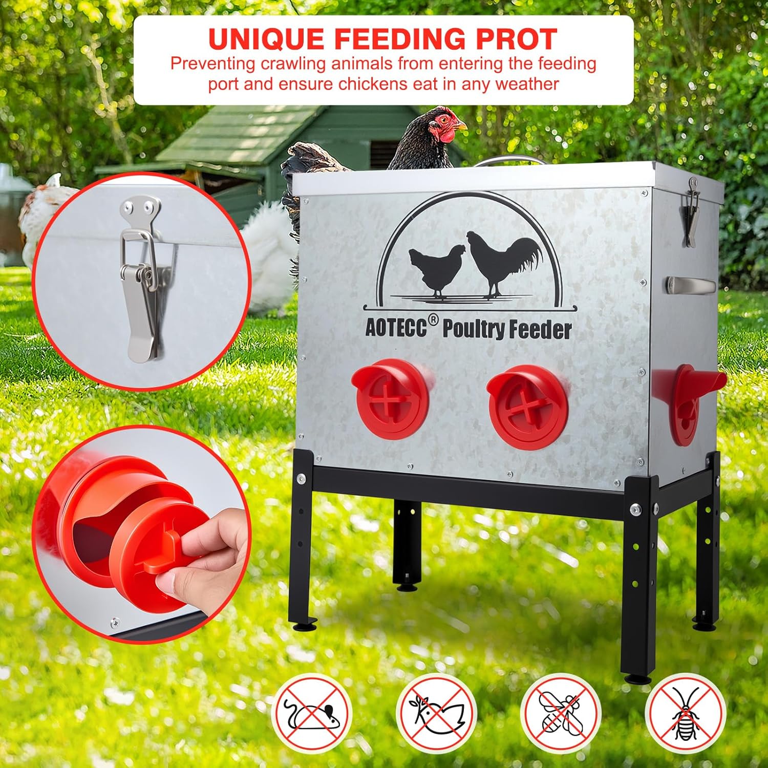 Metal Chicken Feeder, 40lb Automatic Chicken Feeder - 6 Feeding Ports, No Waste Poultry Feeder with Locking Lid & Legs for Outdoor Inside Chicken Coops Geese Ducks, Weatherproof, Rodent Proof