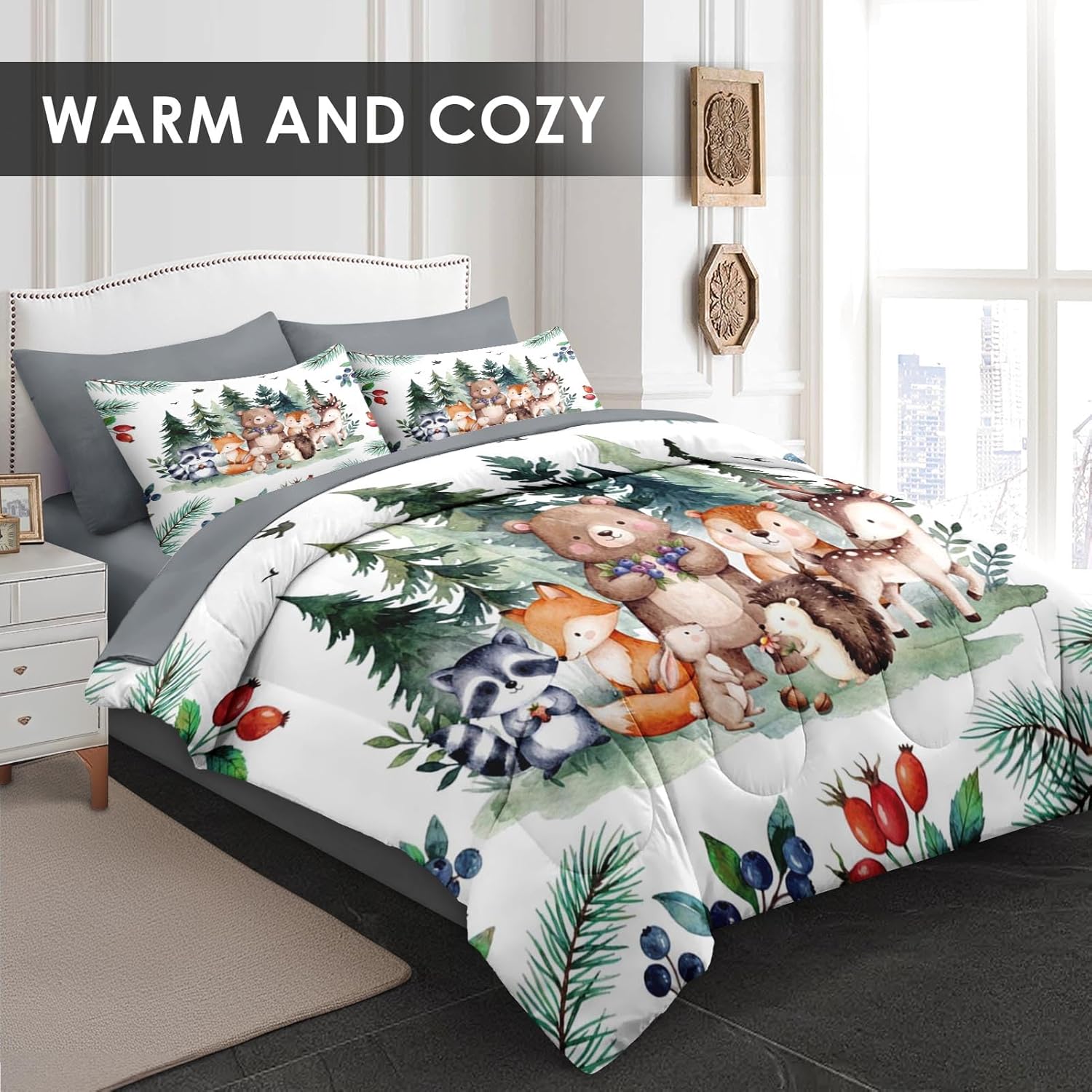 Comforter Set Twin Size, Woodland Animal 5 Pcs Bedding for Kids and Adults, Fox Cute Bear Bed Sheet Sets with Fitted Sheet Pillowcase & Sham for Bedroom Bed Decor - Image 2