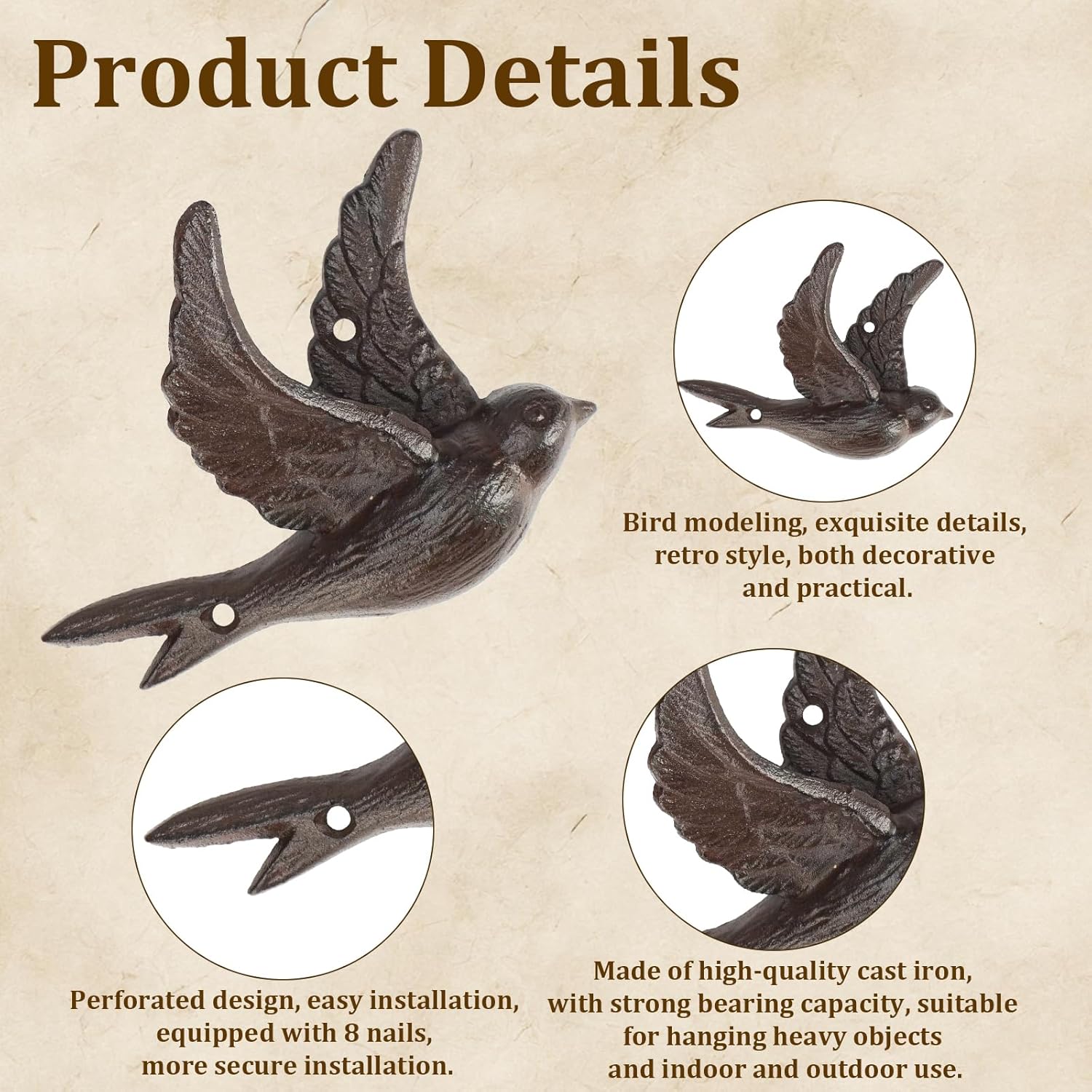 4Pcs Flying Bird Cast Iron Hook, Antique and Vintage Wall Mounted Hanger Rack Retro Farmhouse Decor, Durable Animal Decorative Hooks for Coat, Bag, Hat, Towel, Scarf