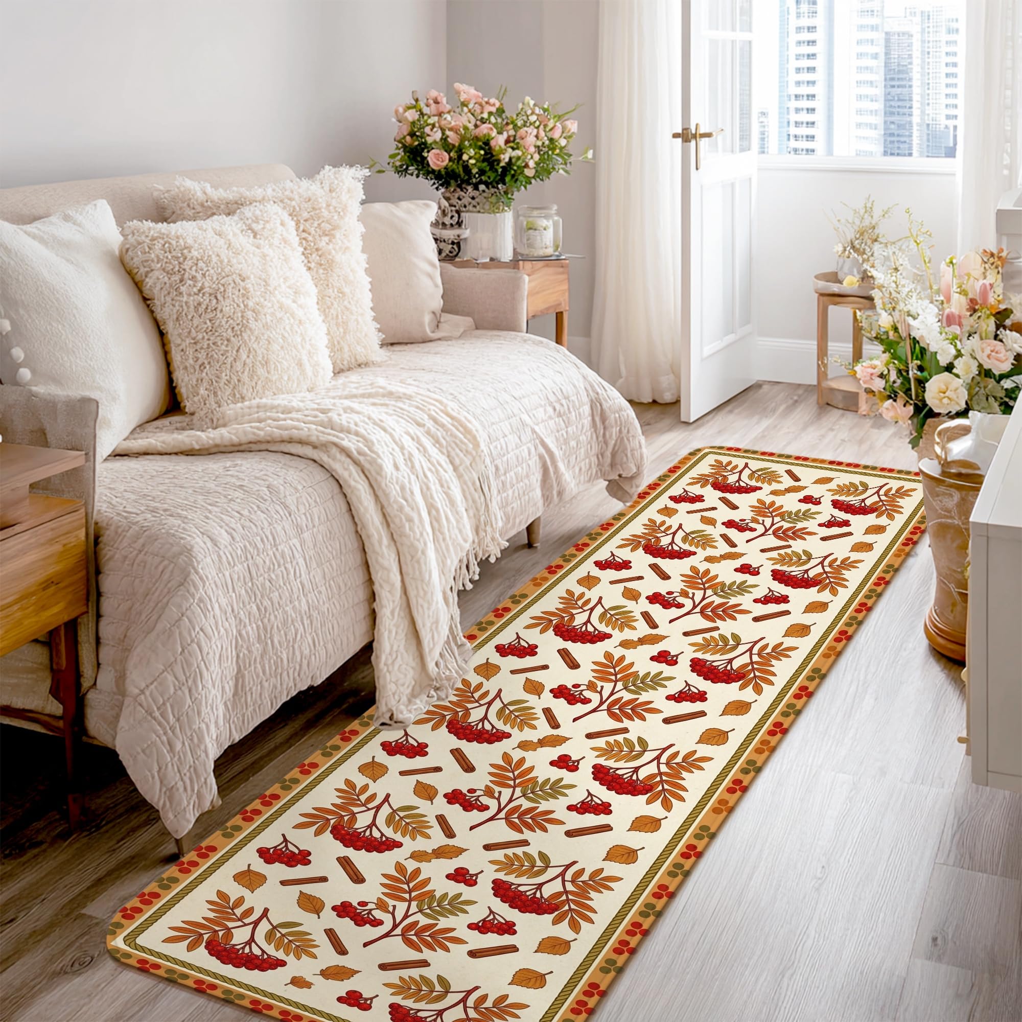 Alfombra de pasillo marrón con diseño de hojas otoñales para decoración de cocina y baño