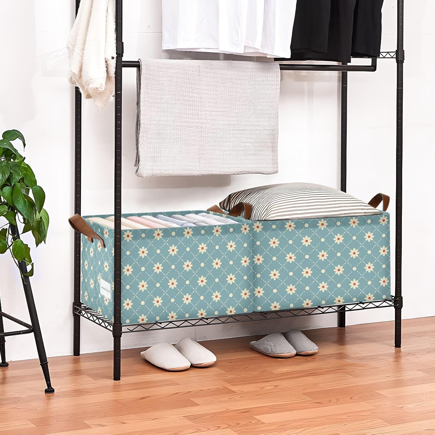 Blue Cute Cartoon Small Flowers White Decorative Fabric Storage Baskets Fabric Storage Cubes with Handles Shelf Kitchen Bathroom Closet for Bedroom, Office, Closet, Clothes cajas para
