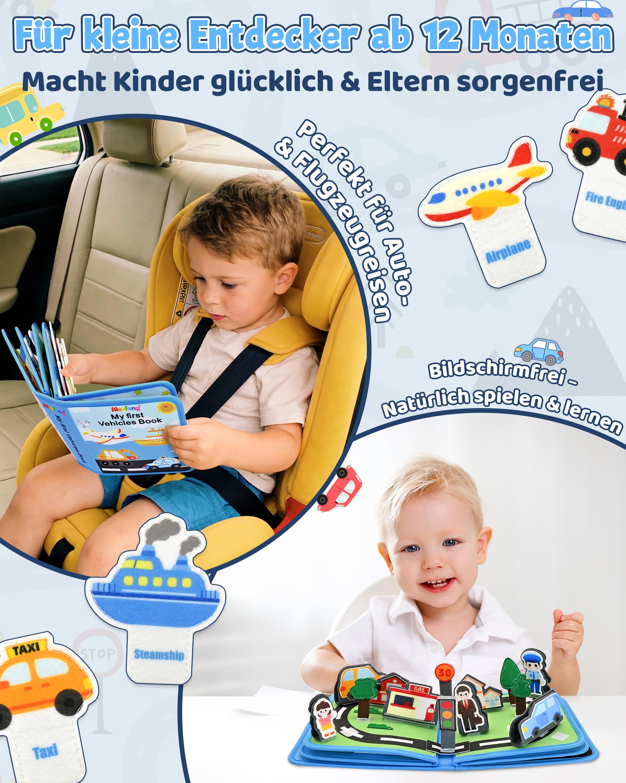 Busy Board ab 1 2 Jahr, Montessori Spielzeug Baby Filzbuch Transport Busy Book mit 3D-Verkehrsszenen, Flugzeug Beschäftigung Kinder, Ostergeschenke Basteln Jungen Mädchen