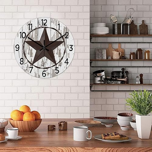 Miniatura 4 de Reloj de pared redondo de estilo clásico con estrella de Texas occidental, reloj de madera, silencioso, sin tictac, funciona con pilas, fácil de