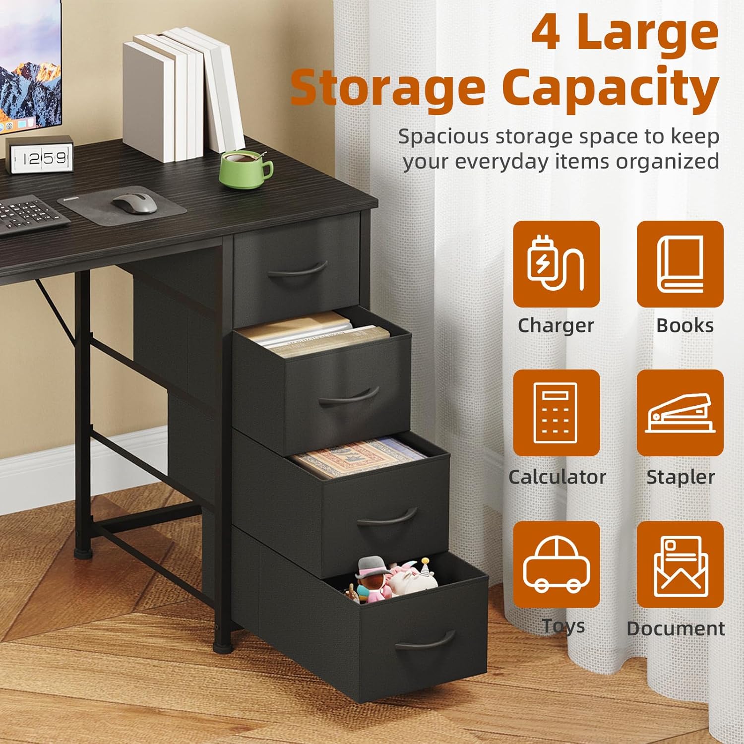 Somdot 47" Computer Desk with 4 Drawers for Bedroom,Simple Home Office Writing Desk,Gaming Table with Storage,Modern Work for Home Office, Study, Living Room,Black