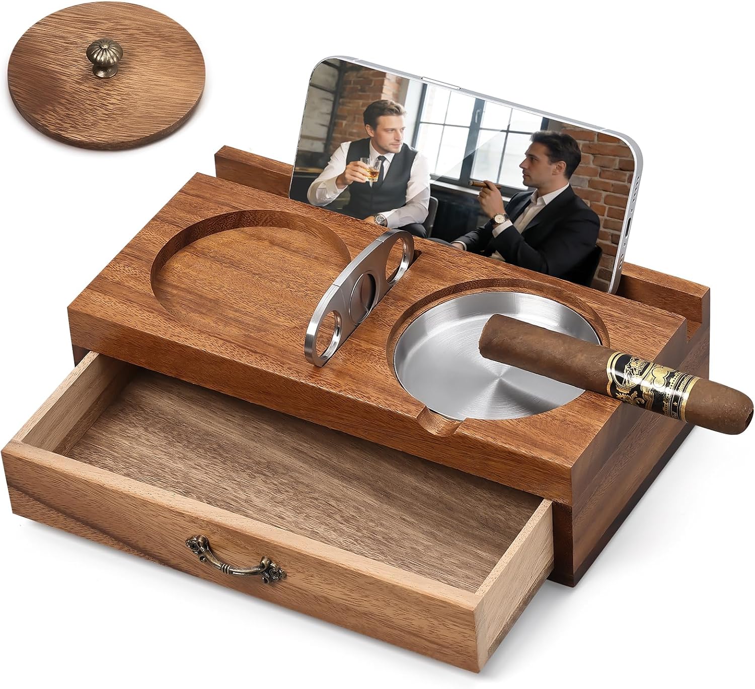 Joyoldelf Cigar Ashtray with Whiskey Glass Holder – Wooden Cigar Ashtray with Phone Tablet Stand, Cigar Cutter and Drawer, Walnut Wood Cigar Accessories Desk Set for Men Home Decor Gift