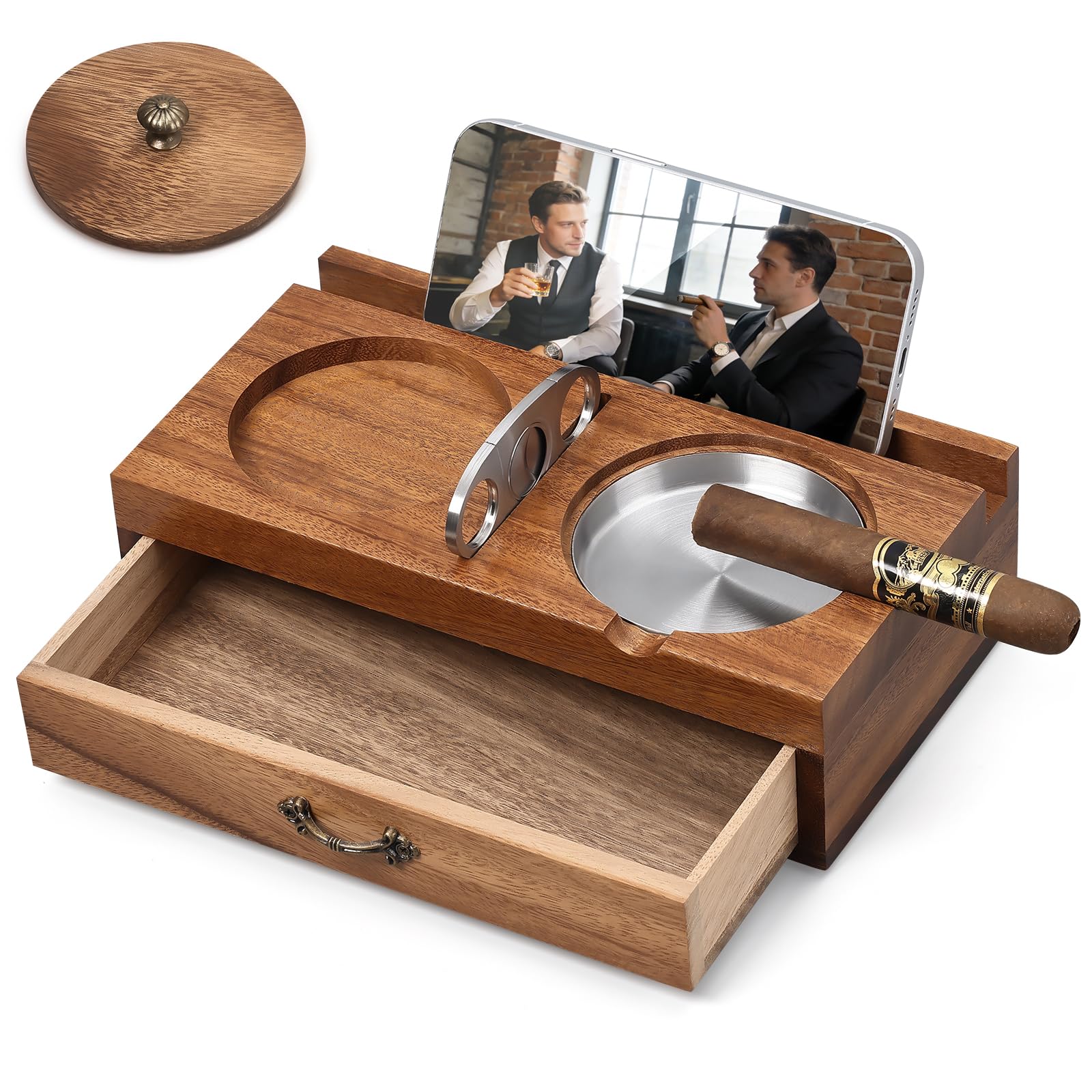 Joyoldelf Cigar Ashtray with Whiskey Glass Holder – Wooden Cigar Ashtray with Phone Tablet Stand, Cigar Cutter and Drawer, Walnut Wood Cigar Accessories Desk Set for Men Home Decor Gift