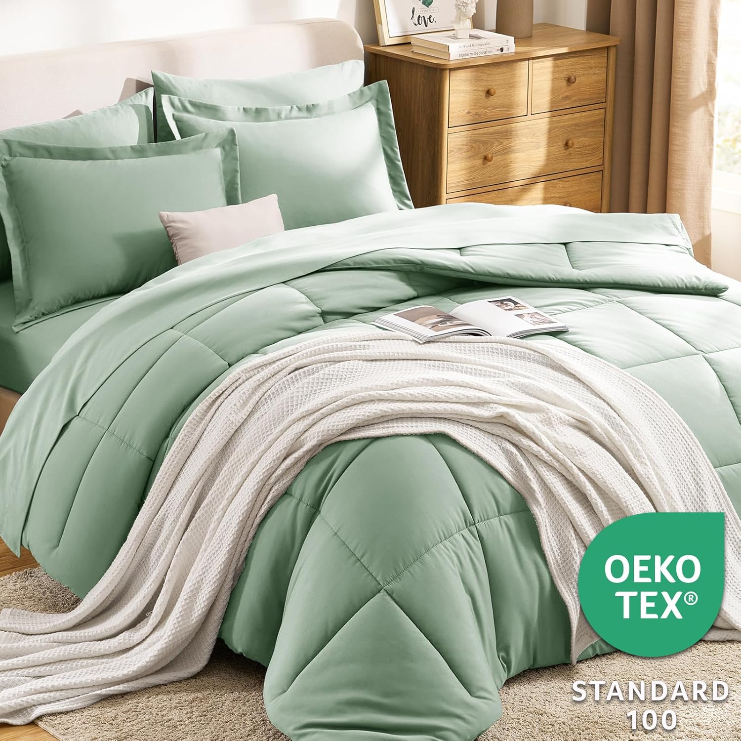 CozyLux King Size Comforter Set Sage Green - 7 Pieces Bed in a Bag King, Okeo-Tex Certifited Bedding Set, All Season Soft Bed Set with Down Alternative Comforter, Sheets, Pillowcases & Pillow Shams - Image 3