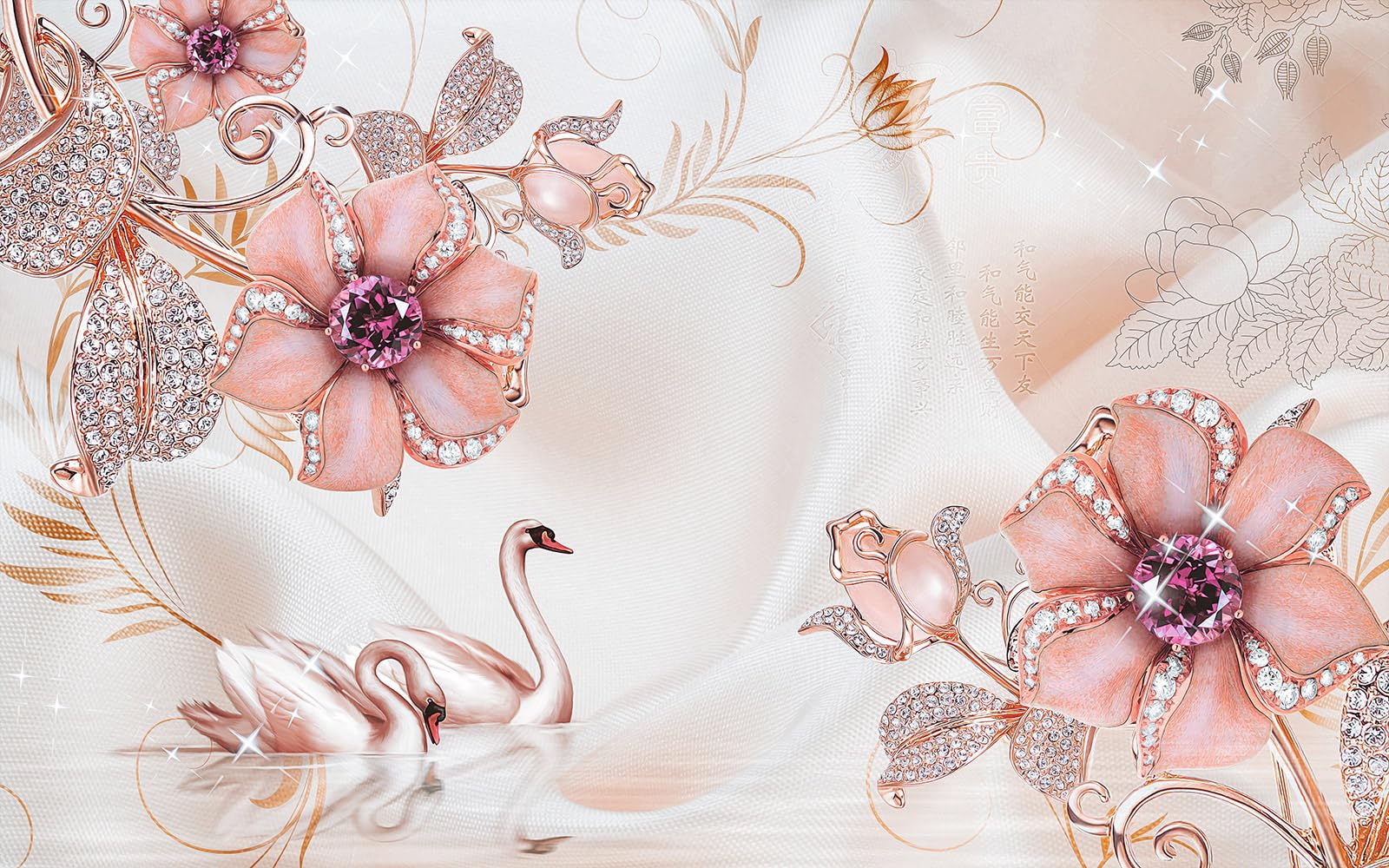 Papier peint panoramique cygnes fleurs intissé luxe 390 cm