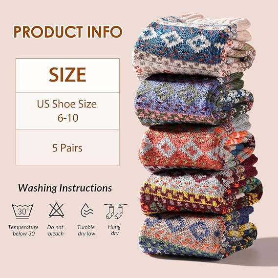 Wool Socks for Women - 5 Pairs Soft Cozy Knit Winter Warm Socks for Women Men