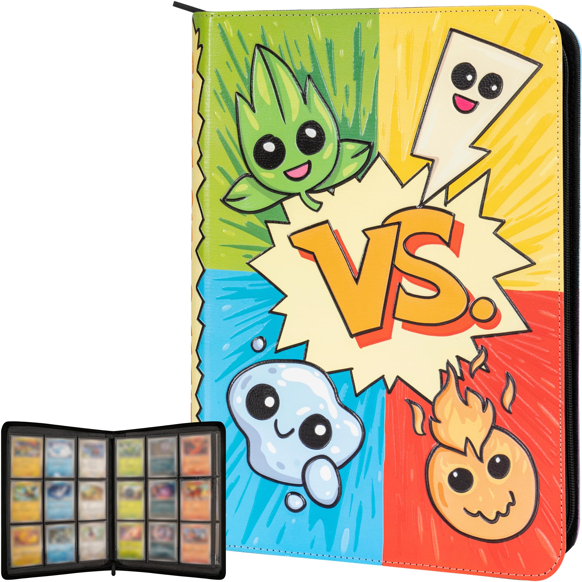 3D Card Binder for Pokemon - Stunning 3D Raised Pk Types Design in PU Leather with Zipper - Includes 9 Pocket Pages for 360 Cards. Great Sleeve Album/TCG Holder/Trading Card Collection Book Gift.
