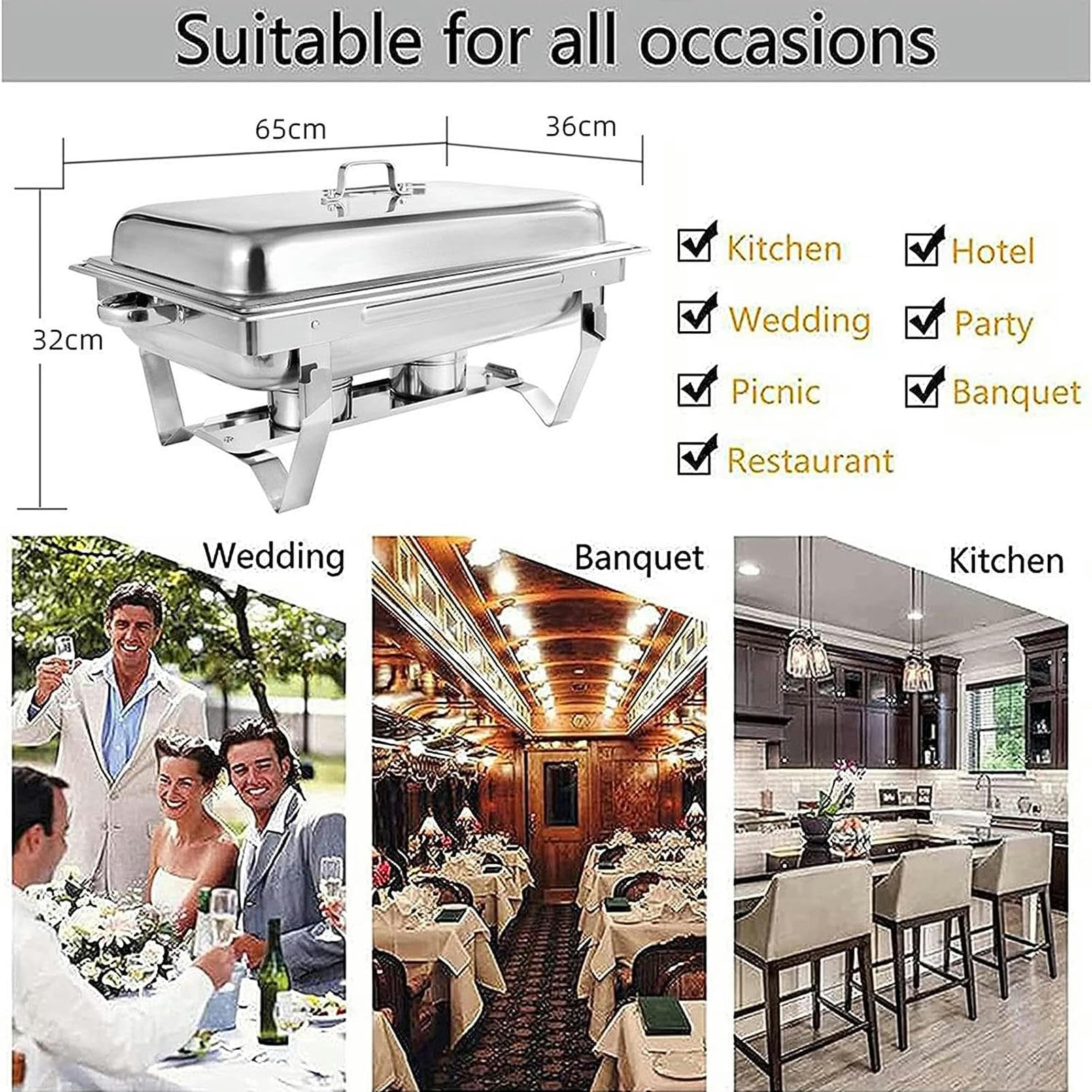 Juego de buffet de acero inoxidable Chafing Dish, 11L Servidores de buffet Chafing de tamaño completo Calentador de alimentos con bandeja de comida, soportes de combustible y tapa para cualquier event