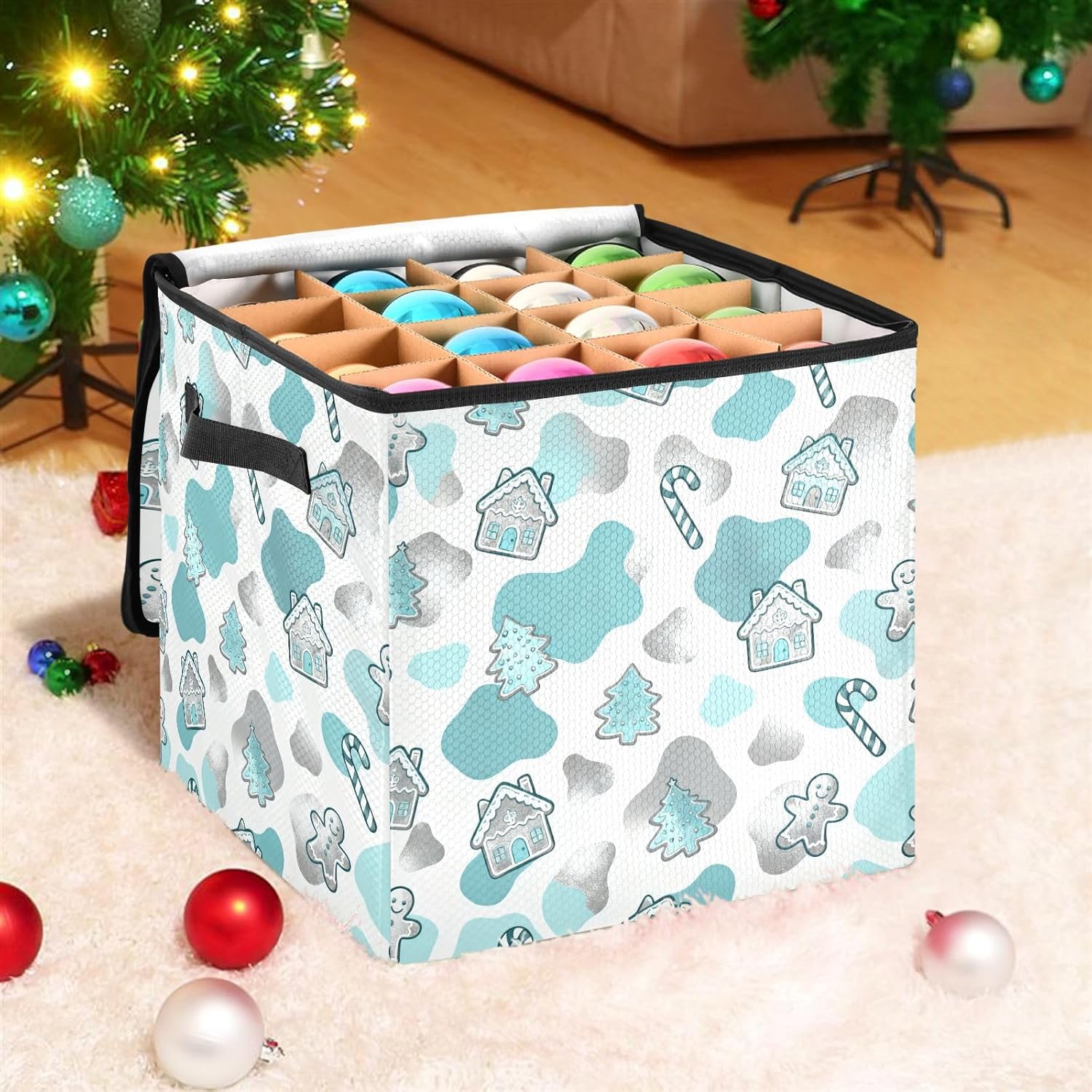 High Capacity Christmas ornament organizer Holds Up to 64, Adjustable Dividers stackable Holiday Storage Case with Lid,Christmas Cow Fur Print Turquoise and White