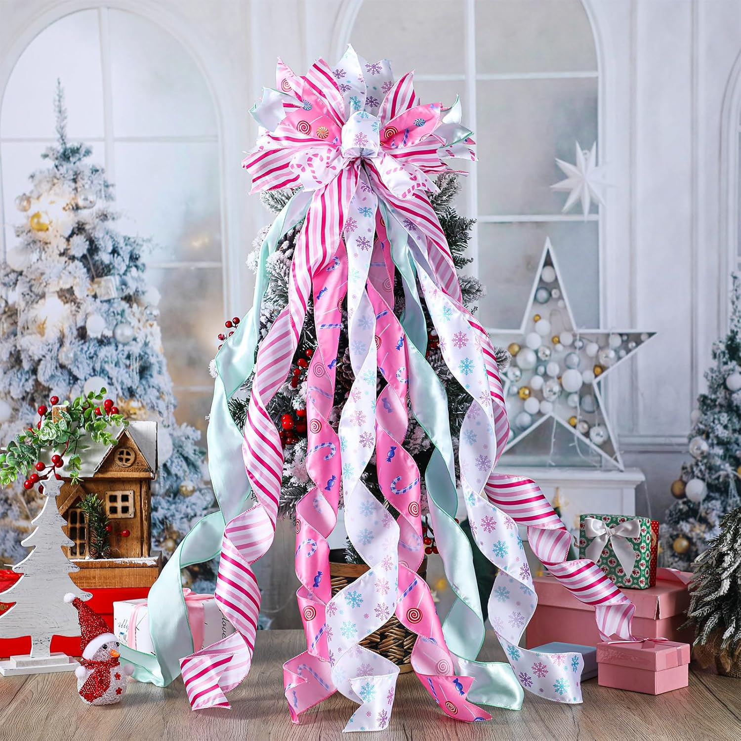 Pastel Christmas Tree Topper Wreath Bow Large Christmas Bow Tree Topper for Xmas Ornament Family Wedding Thanksgiving Indoor Outdoor Decoration 44.9 x 11.8 Inch
