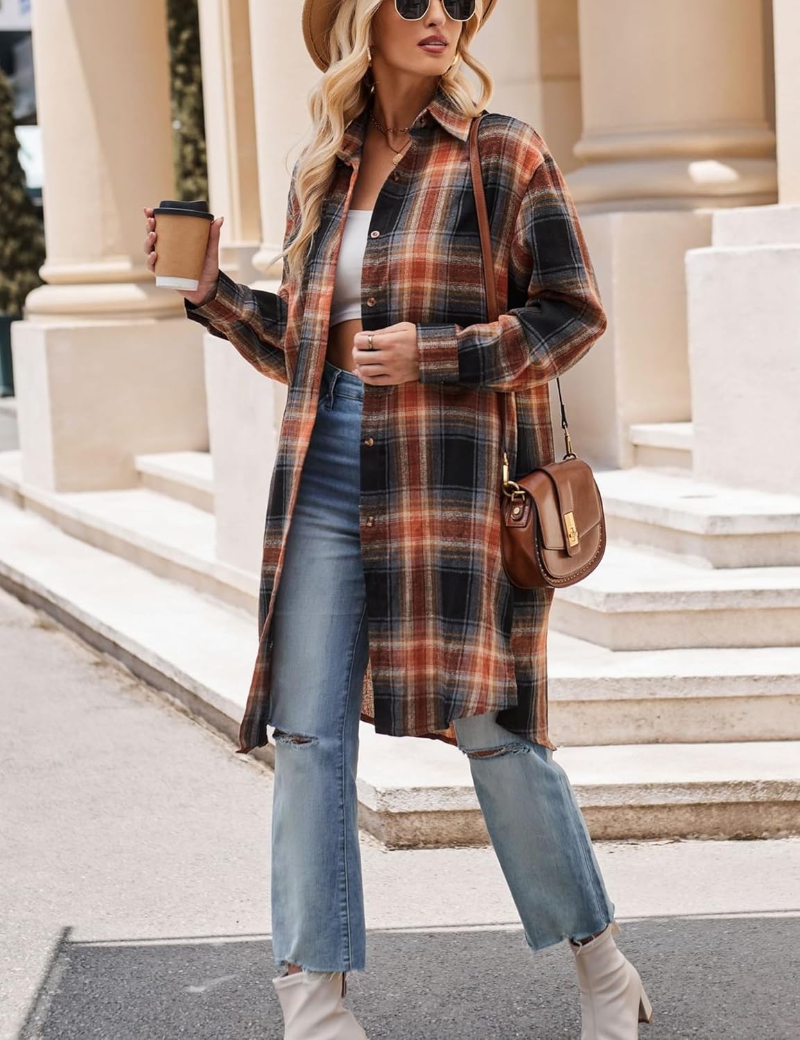 Zontroldy Women's Mid Long Casual Button Down Long Flannel Shirts Plaid Shacket Jacket with Pockets - Image 3