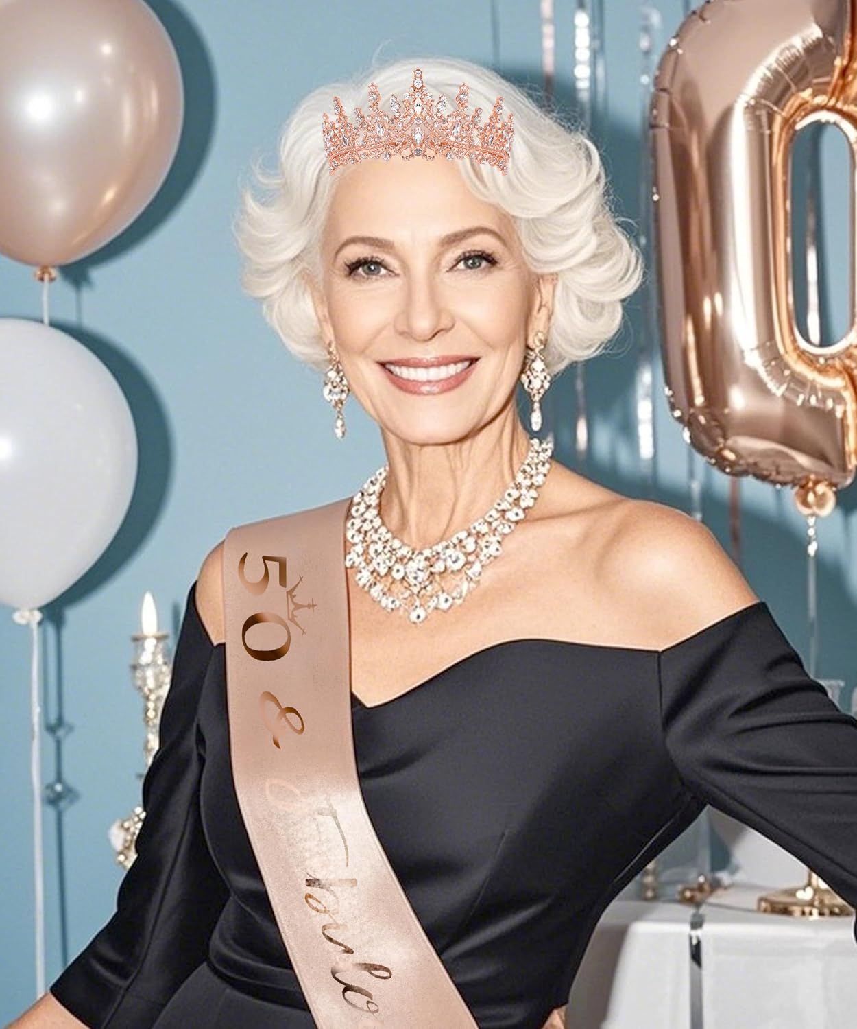 COCIDE 50th Birthday Sash for Women + 50th Crown for Women + Pearl Pin - 50 & Fabulous Sashes Tiara Hair Accessories Gifts Party Decorations & Favors (50th Sash&Tiara&Pin, Rose Gold, One Size)