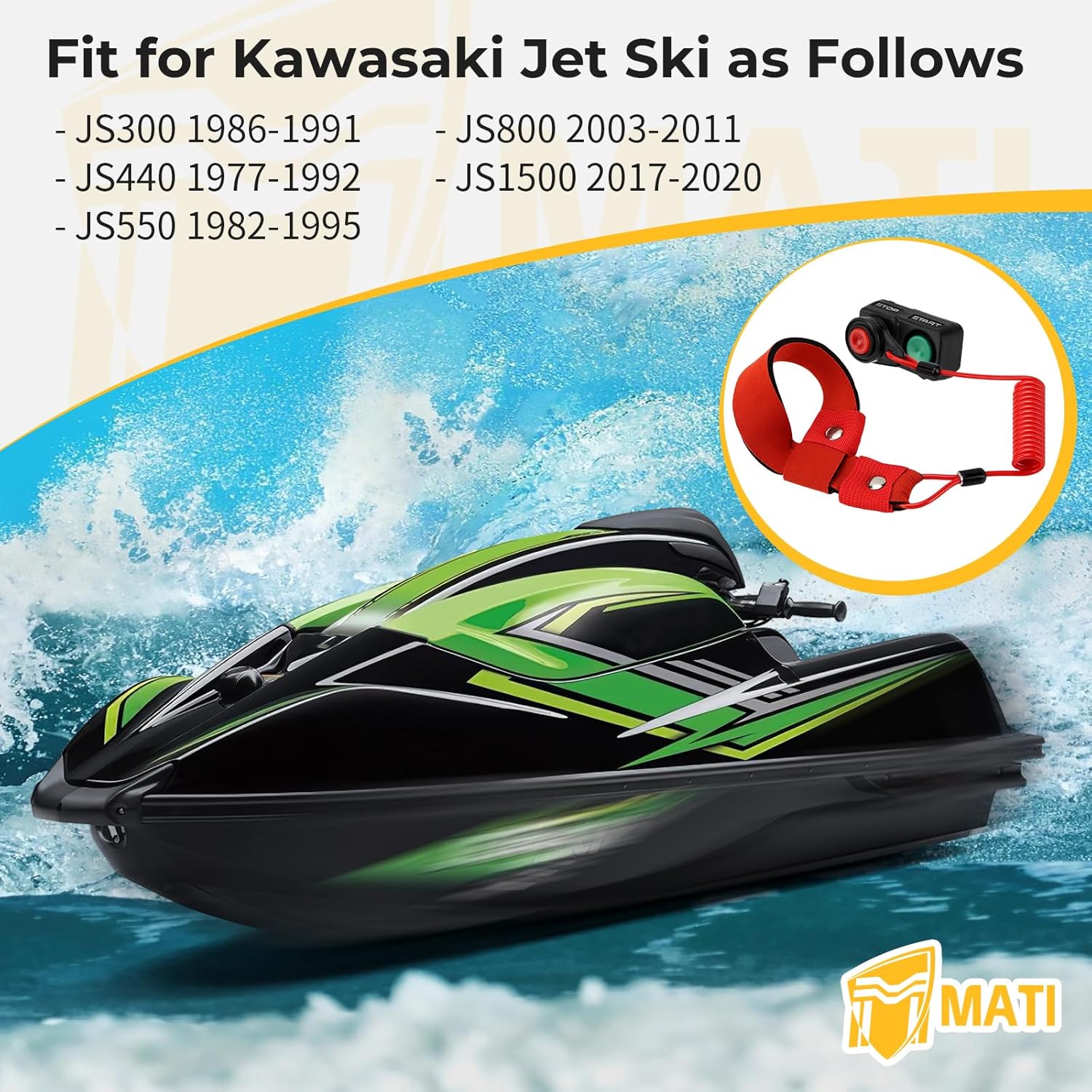 M MATI Safety Tether Lanyard Kill Stop Swtich Upgrade for Kawasaki JS300 JS440 JS550 JS800 JS1500 300SX 550SX 800SXR 1500SXR 32099-3818 92072-3809