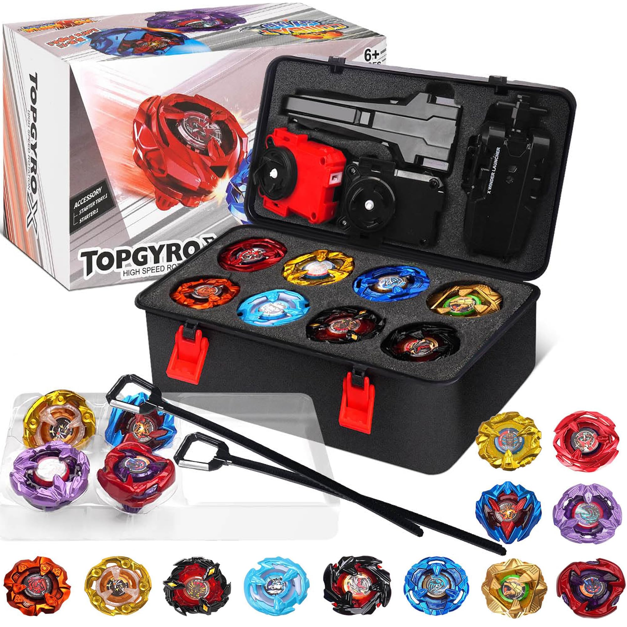 X set da battaglia per trottole a scatola, Set da Battle Spinner | 12 trottole a scoppio 3 lanciatori 1 manico, giocattoli per bambini, regalo di compleanno ideale per bambini dai 6 anni