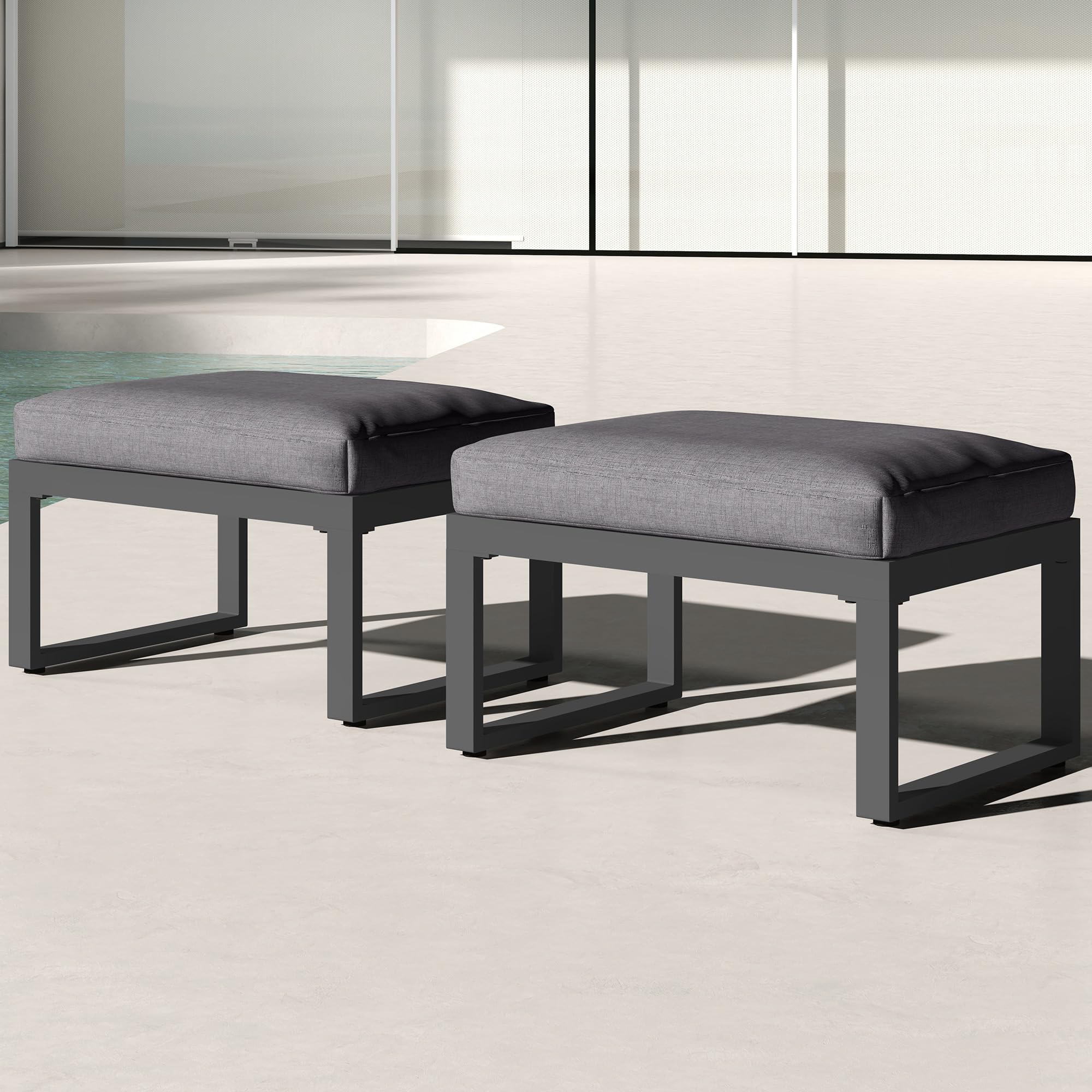 RoyalCraft 2 Pieces Aluminum Outdoor Patio Ottoman Set, Outdoor Foot Stools with Thick Cushion, Small Seat Furniture for Porch Balcony Backyard, Grey