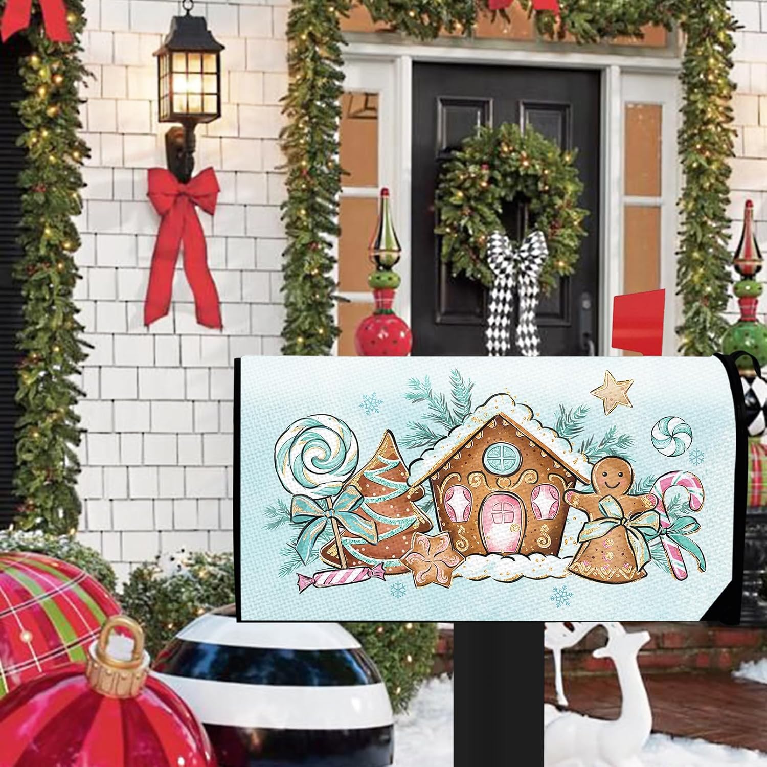 Christmas Gingerbread House Mailbox Cover Magnetic Standard Size 20.5" x 18", Xmas Tree Peppermint Candy Decorative Post Letter Box Wrap Decor, Winter Holiday Garden Yard Outdoor Decoration