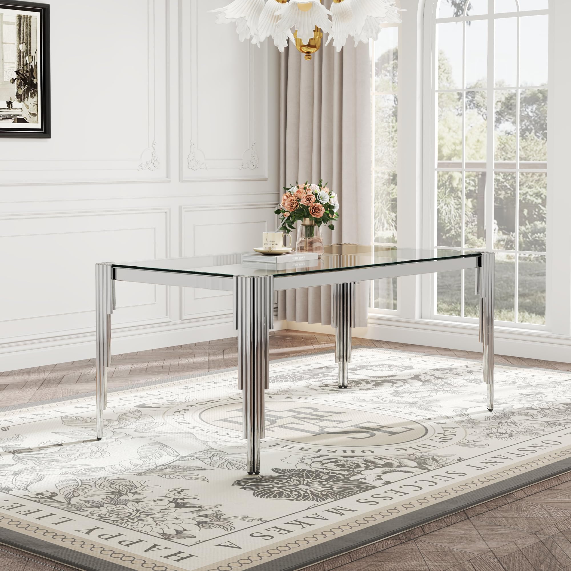modern rectangle glass dining table, 65" clear tempered glass desktop with silver mirrored stainless steel legs, stylish elegant for 6 people, for kitchen, living room, office (glass table top only)